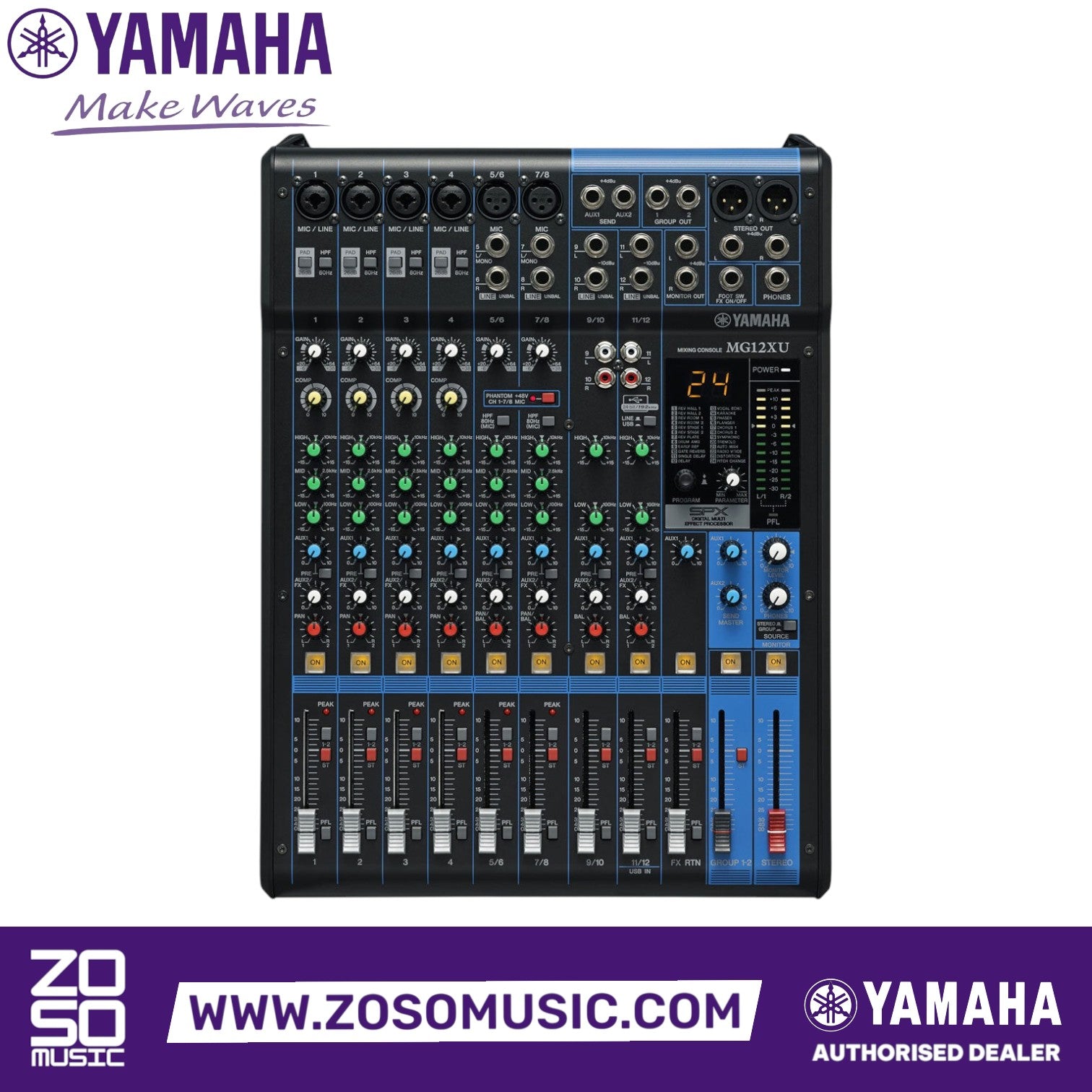 Zoso Music Yamaha MG12XU 12-channel analog mixing console with built-in SPX effects and USB interface