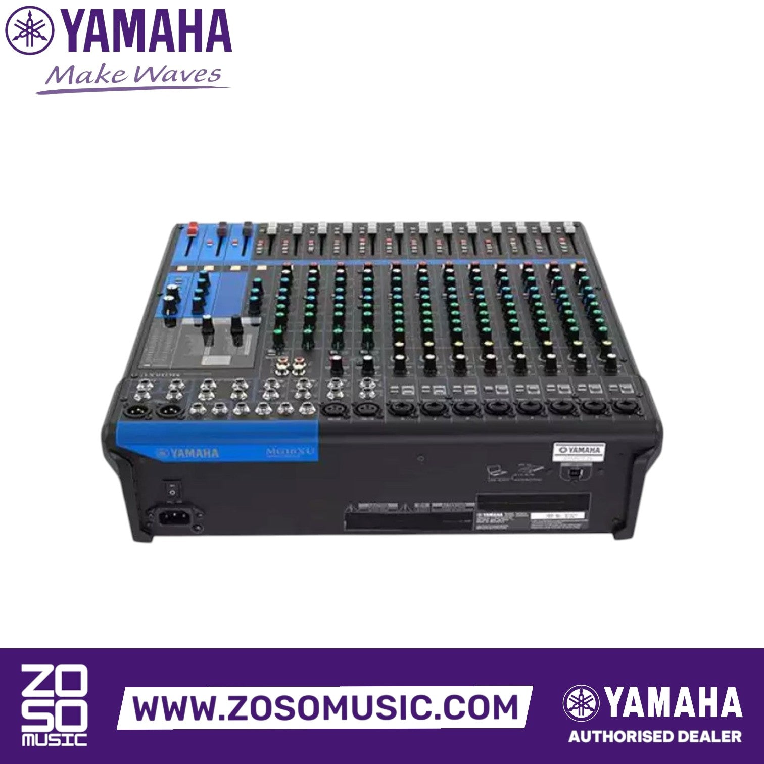 Zoso Music Yamaha MG16XU 16-channel analog mixer with D-PRE preamps, faders, and USB connectivity in a metal chassis.