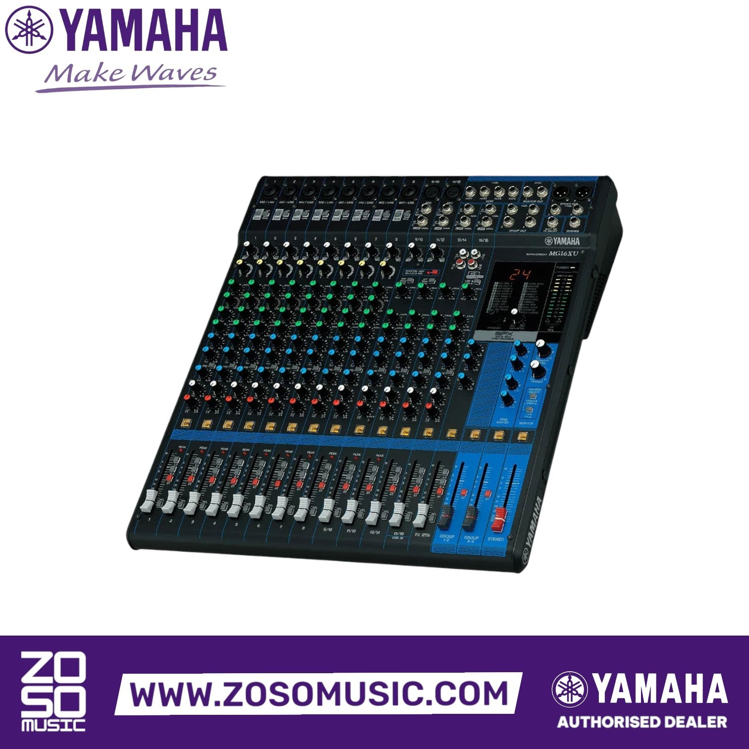Zoso Music Yamaha MG16XU 16-channel analog mixer with D-PRE preamps, USB connectivity, and SPX digital effects.