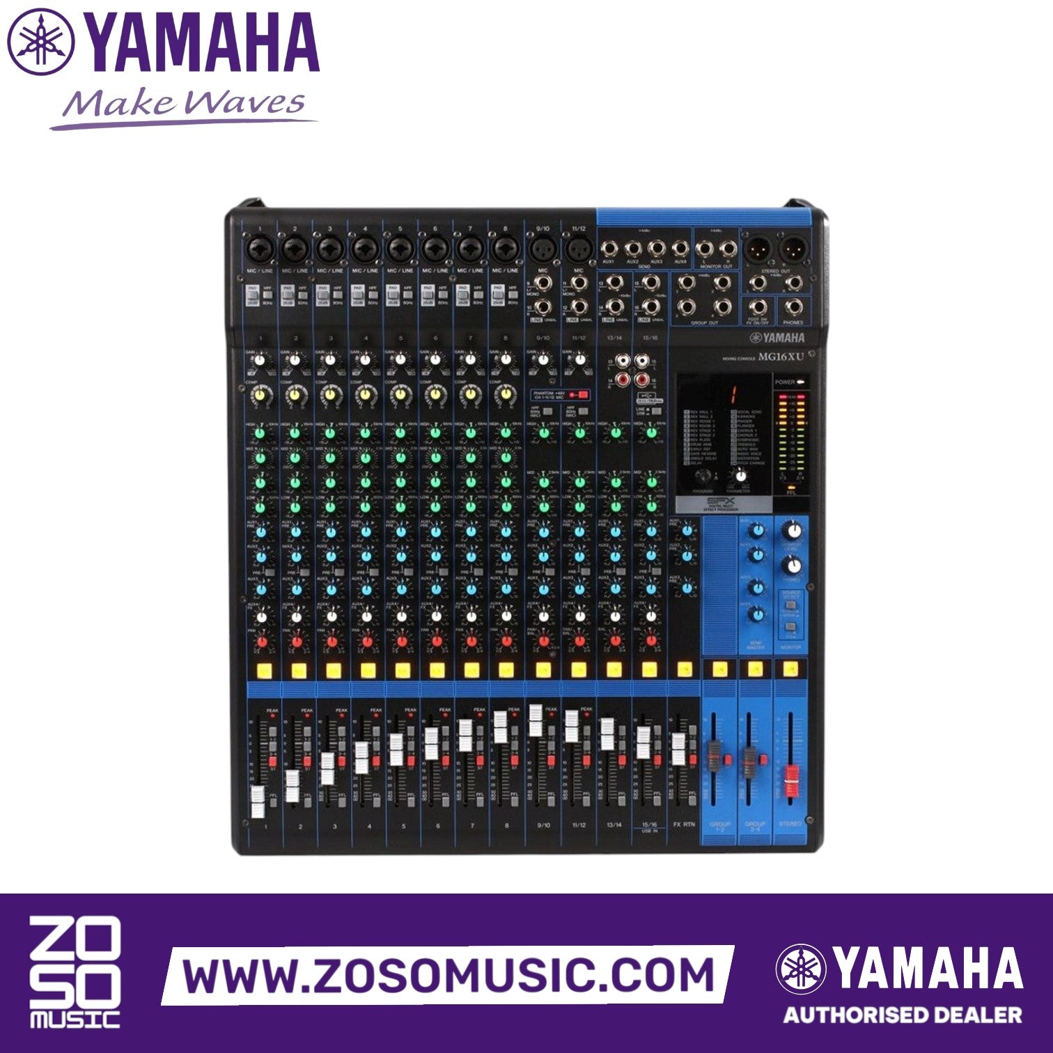 Zoso Music Yamaha MG16XU 16-channel analog mixer with D-PRE preamps, faders, and SPX effects in a durable metal chassis.