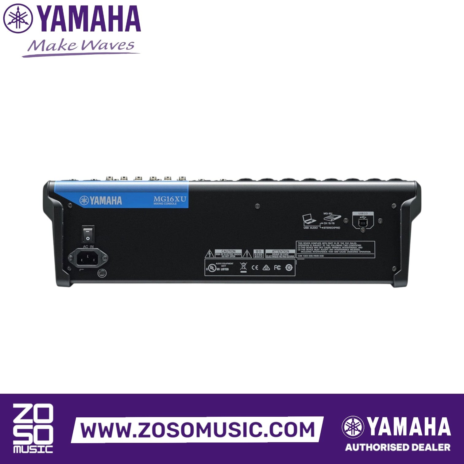 Zoso Music Yamaha MG16XU 16-channel analog mixer rear panel view showing power input, USB port, and connectivity labels.