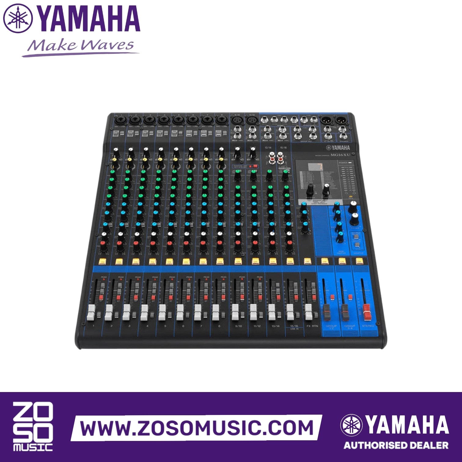Zoso Music Yamaha MG16XU 16-channel analog mixer with D-PRE preamps, faders, and onboard digital effects.