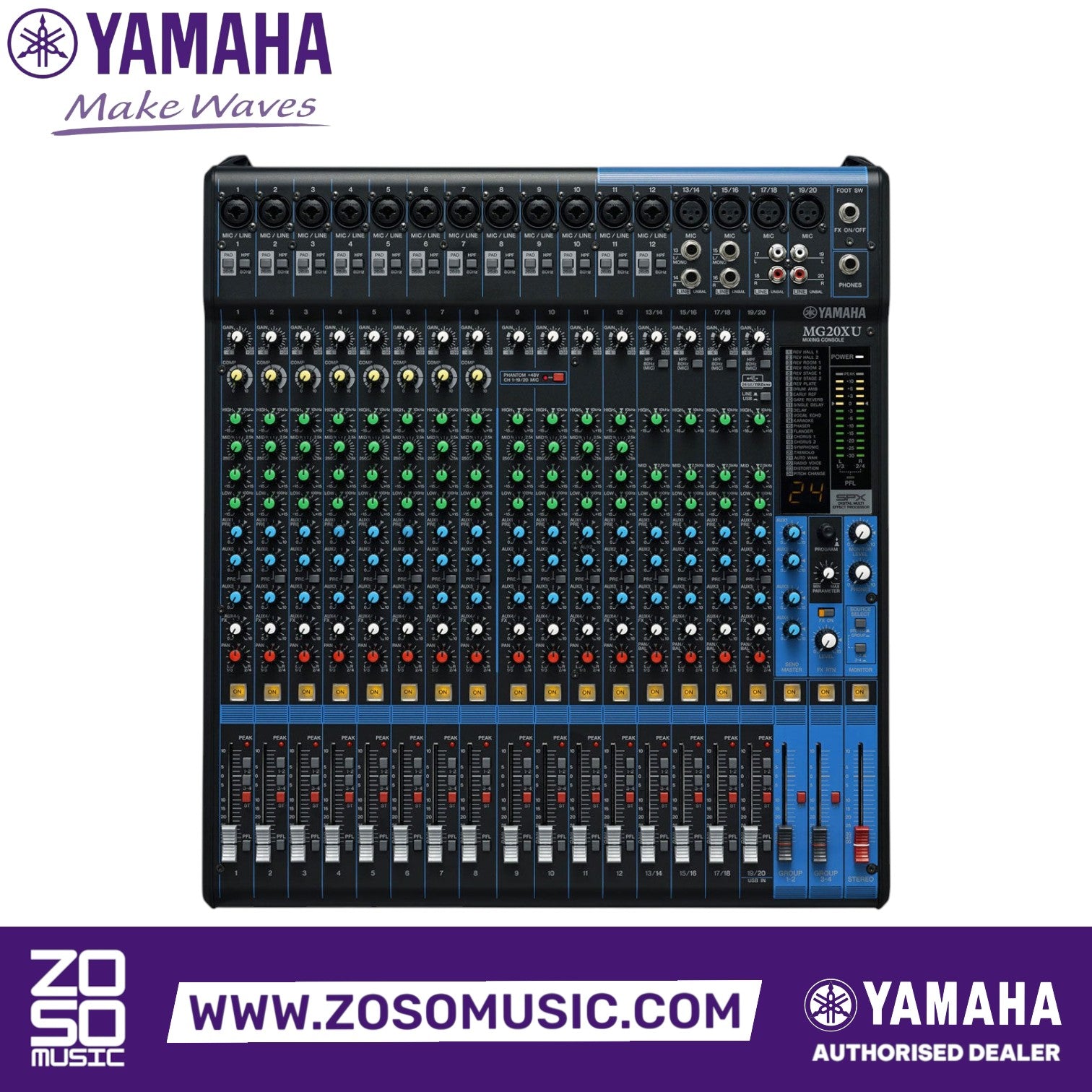 Zoso Music Yamaha MG20XU 20-channel analog mixer with D-PRE preamps, one-knob compressors, and SPX digital effects.