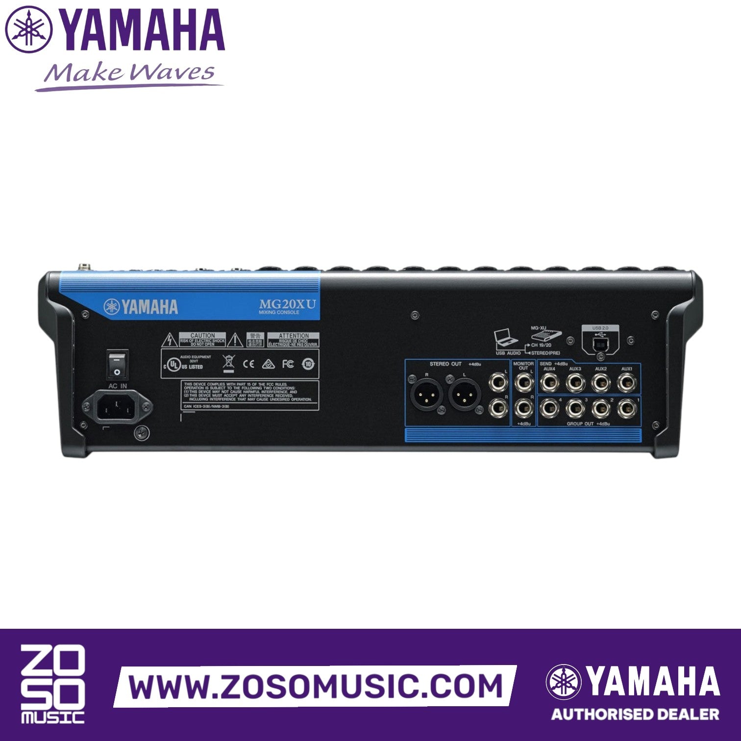 Zoso Music Yamaha MG20XU 20-channel analog mixer rear panel showing XLR and jack inputs and USB connectivity