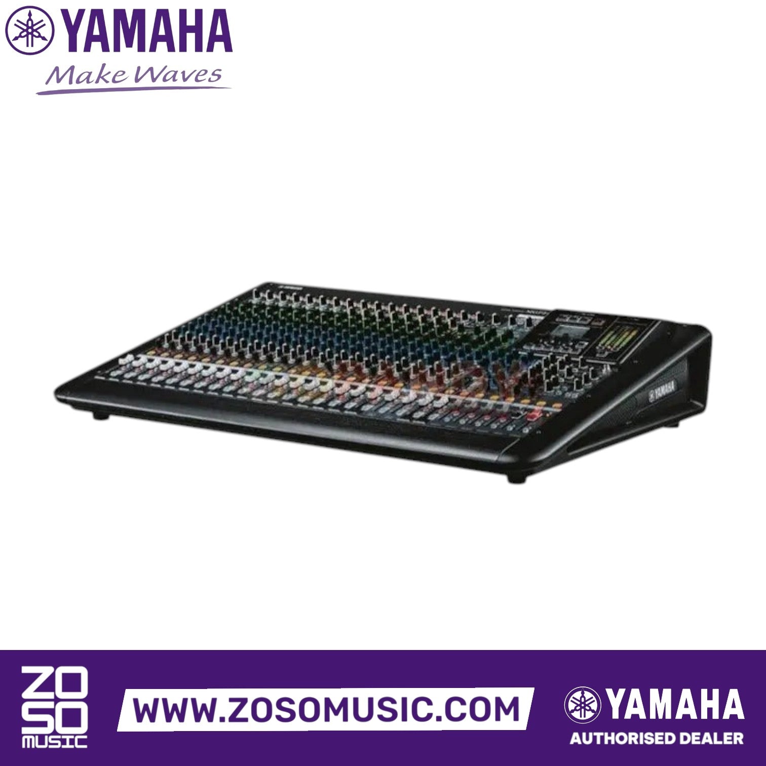 Zoso Music Yamaha MGP24X 24-channel analog mixer with multiple faders and knobs in a black metal chassis.