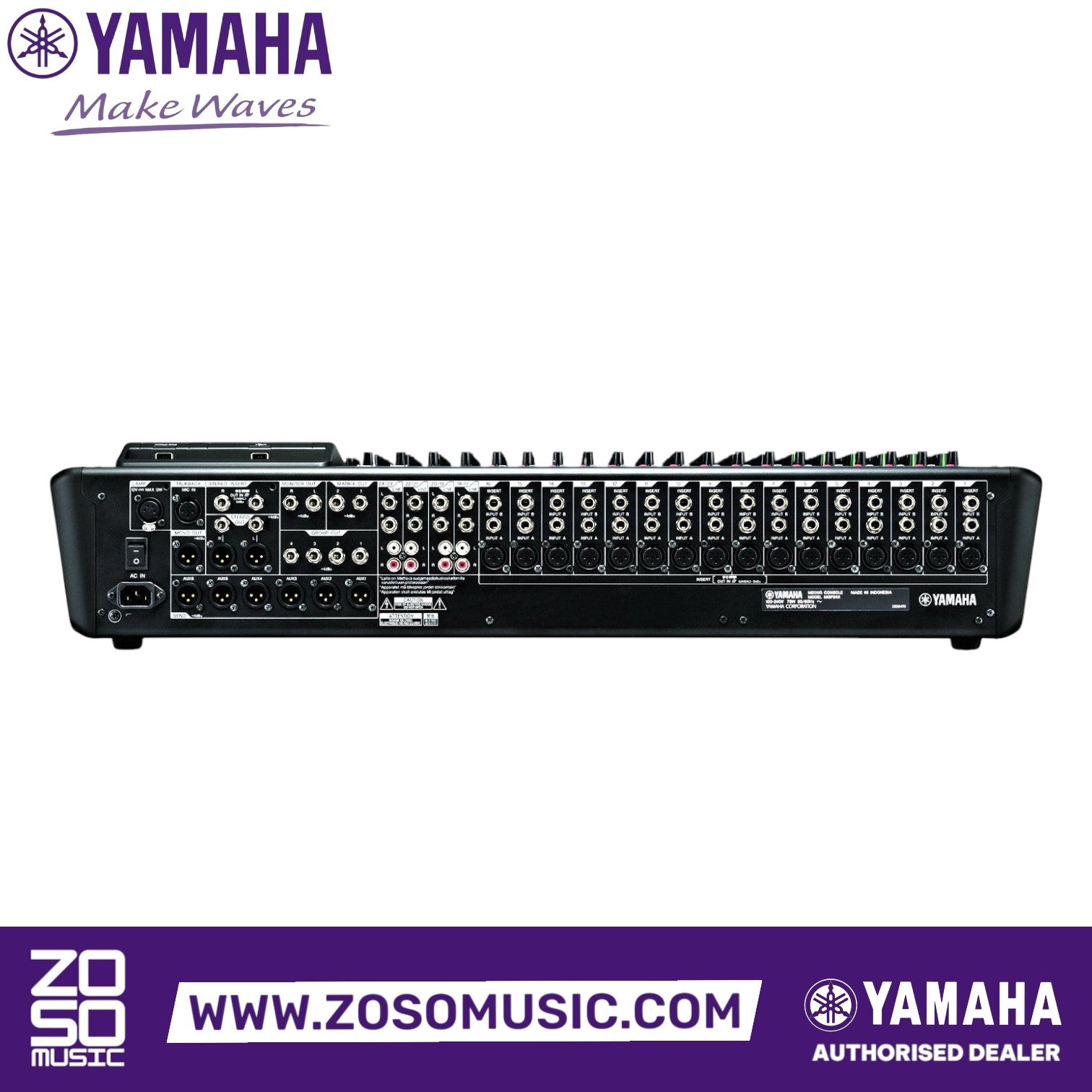 Zoso Music Yamaha MGP24X 24-channel mixer rear panel showing XLR and TRS input and output connections