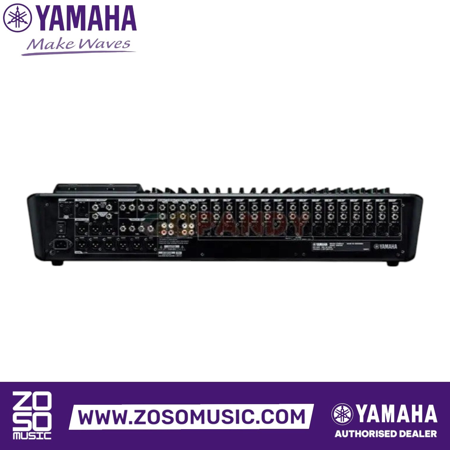 Zoso Music Yamaha MGP24X 24-channel analog mixer rear panel showing XLR and TRS input and output connections