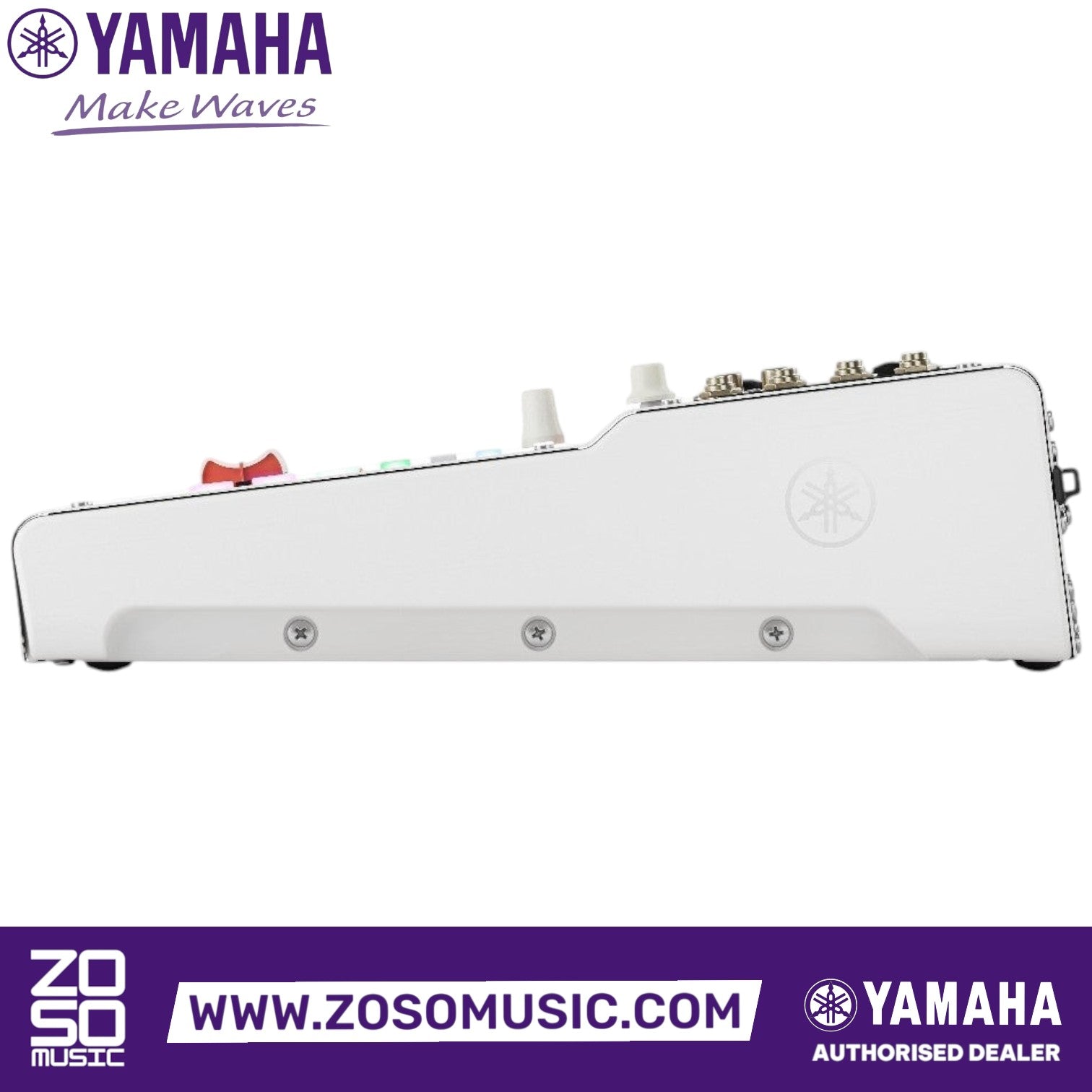 Zoso Music Yamaha MGX12V digital mixing console side view showing the sleek white chassis and control layout.