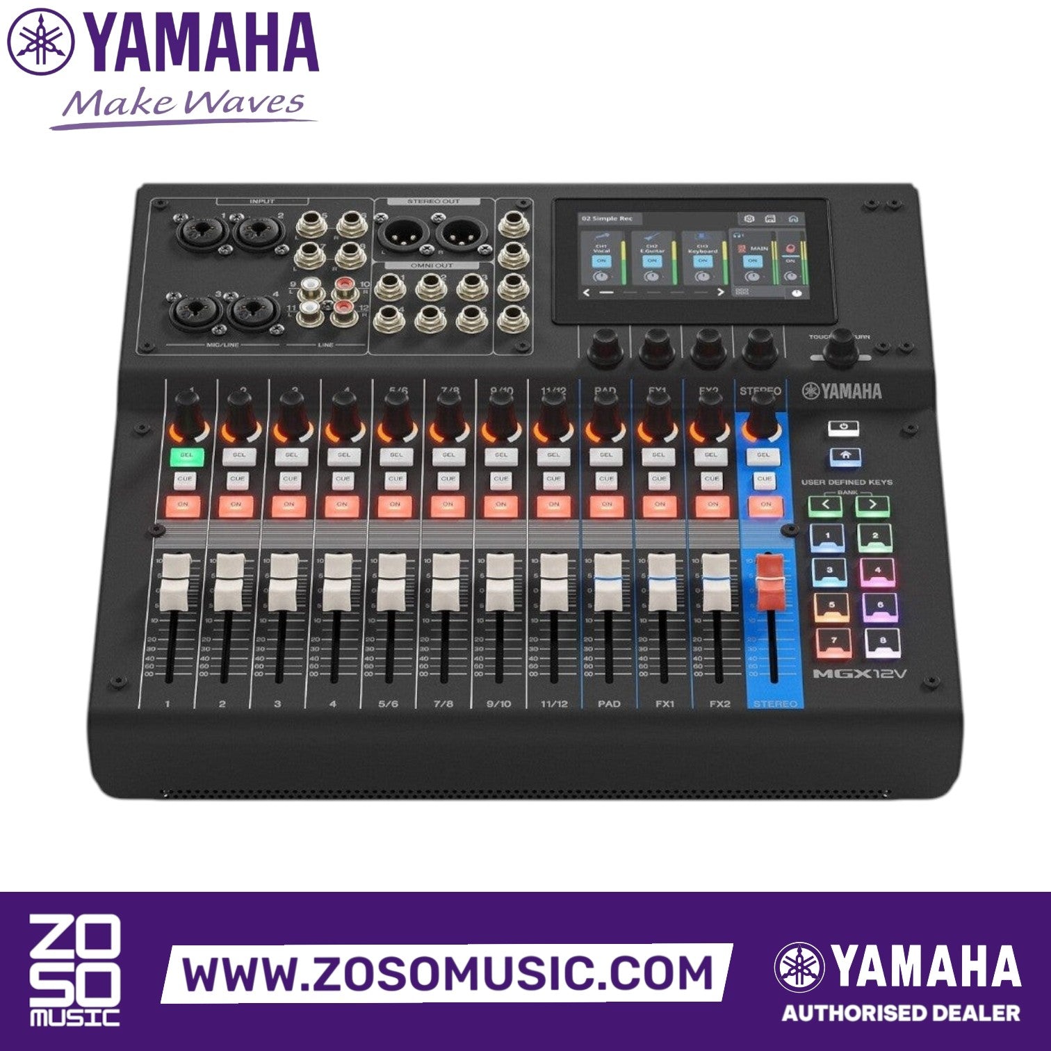 Zoso Music Yamaha MGX12V 18-channel digital mixing console with touchscreen, faders, and video interface