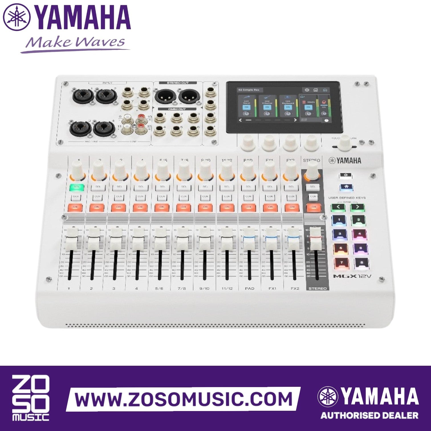 Zoso Music Yamaha MGX12V 12-input digital mixing console with touchscreen, faders, and video interface in white finish