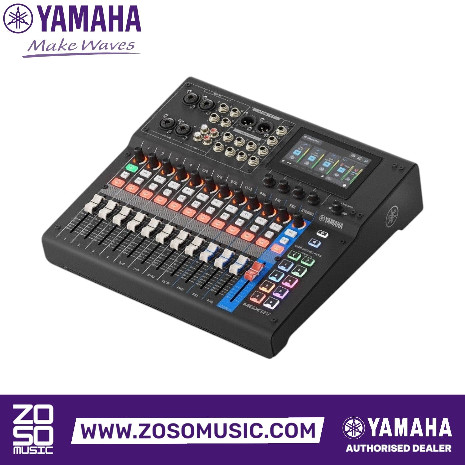 Zoso Music Yamaha MGX12V 12-input digital mixing console with touchscreen, faders, and integrated video interface.
