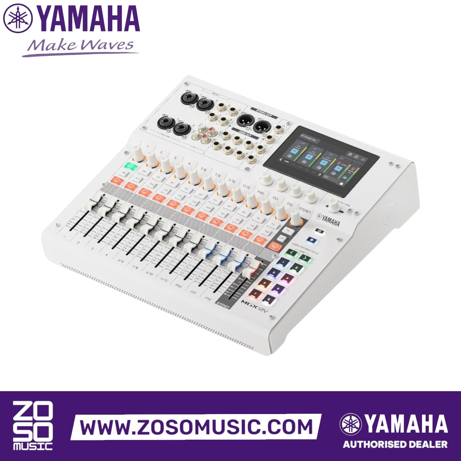 Zoso Music Yamaha MGX12V 12-input digital mixing console with touchscreen, faders, and integrated video interface.
