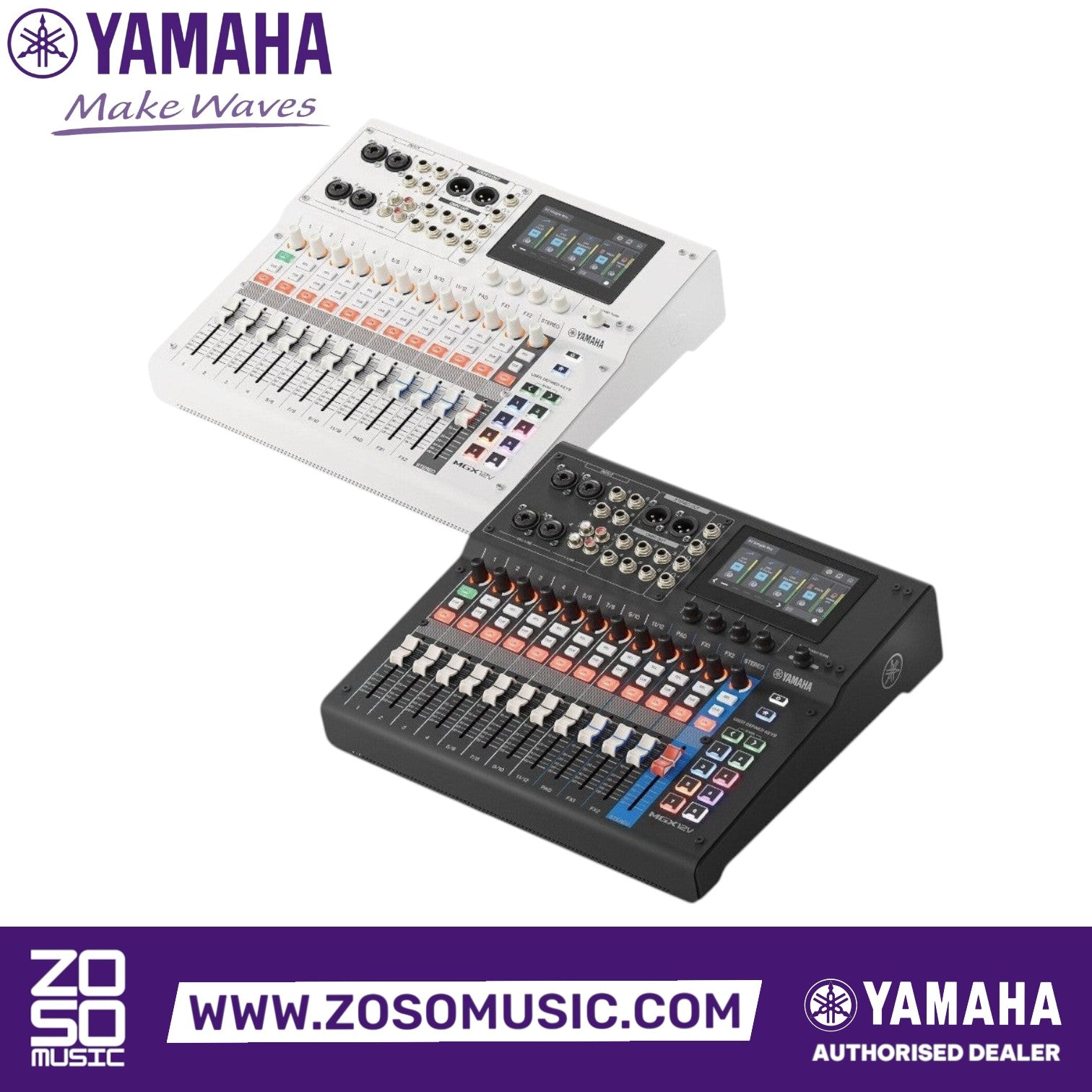 Zoso Music Yamaha MGX12V digital mixing consoles in black and white featuring touchscreens and multiple faders.
