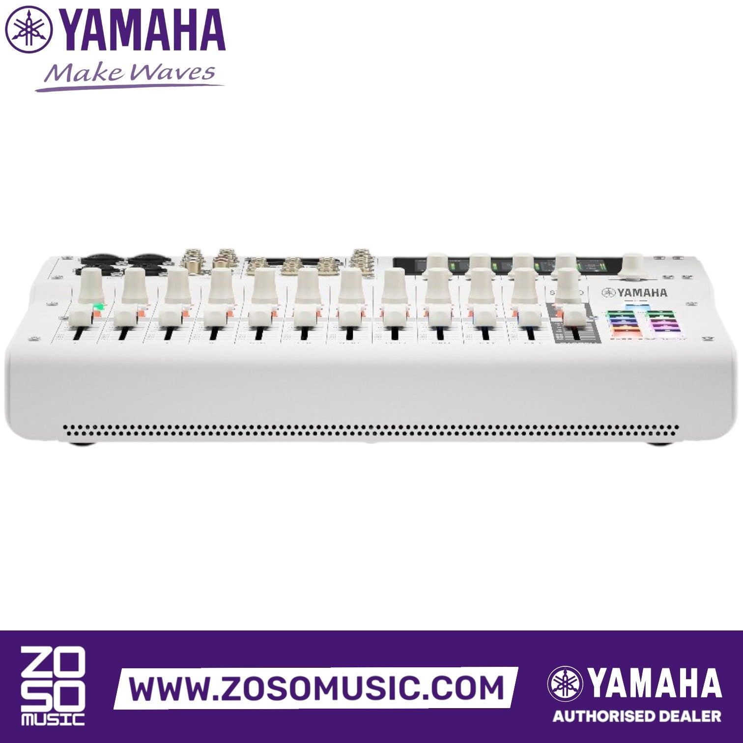 Zoso Music Yamaha MGX12V 12-input digital mixing console in white with faders, control knobs, and touchscreen interface.