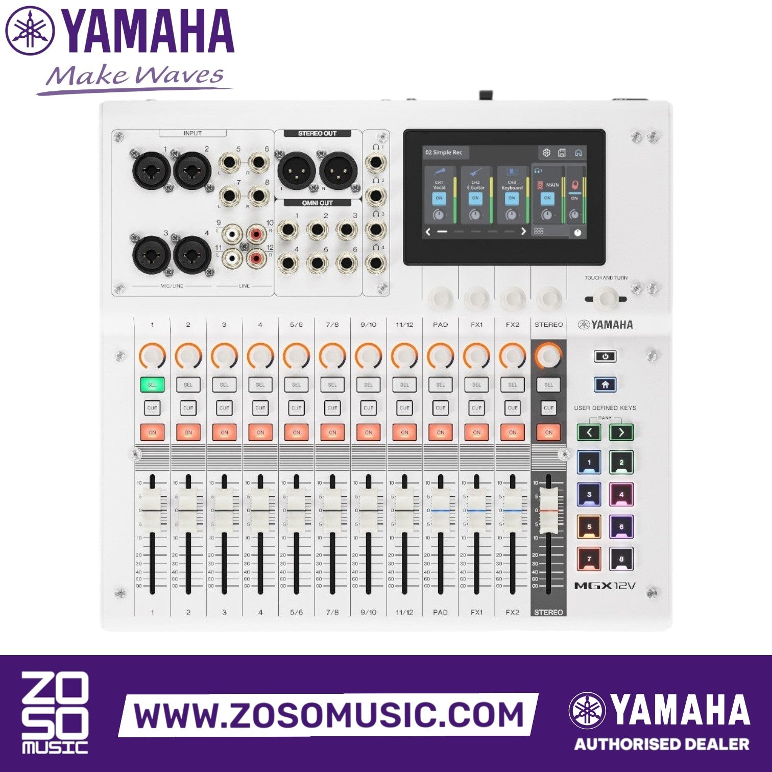 Zoso Music Yamaha MGX12V 18-channel digital mixing console with touchscreen, faders, and integrated video interface.