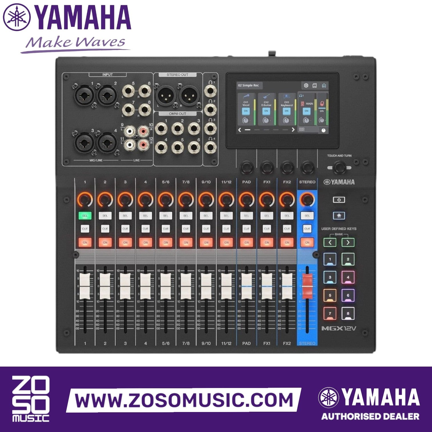 Zoso Music Yamaha MGX12V 12-input digital mixing console with touchscreen, faders, and integrated video interface.