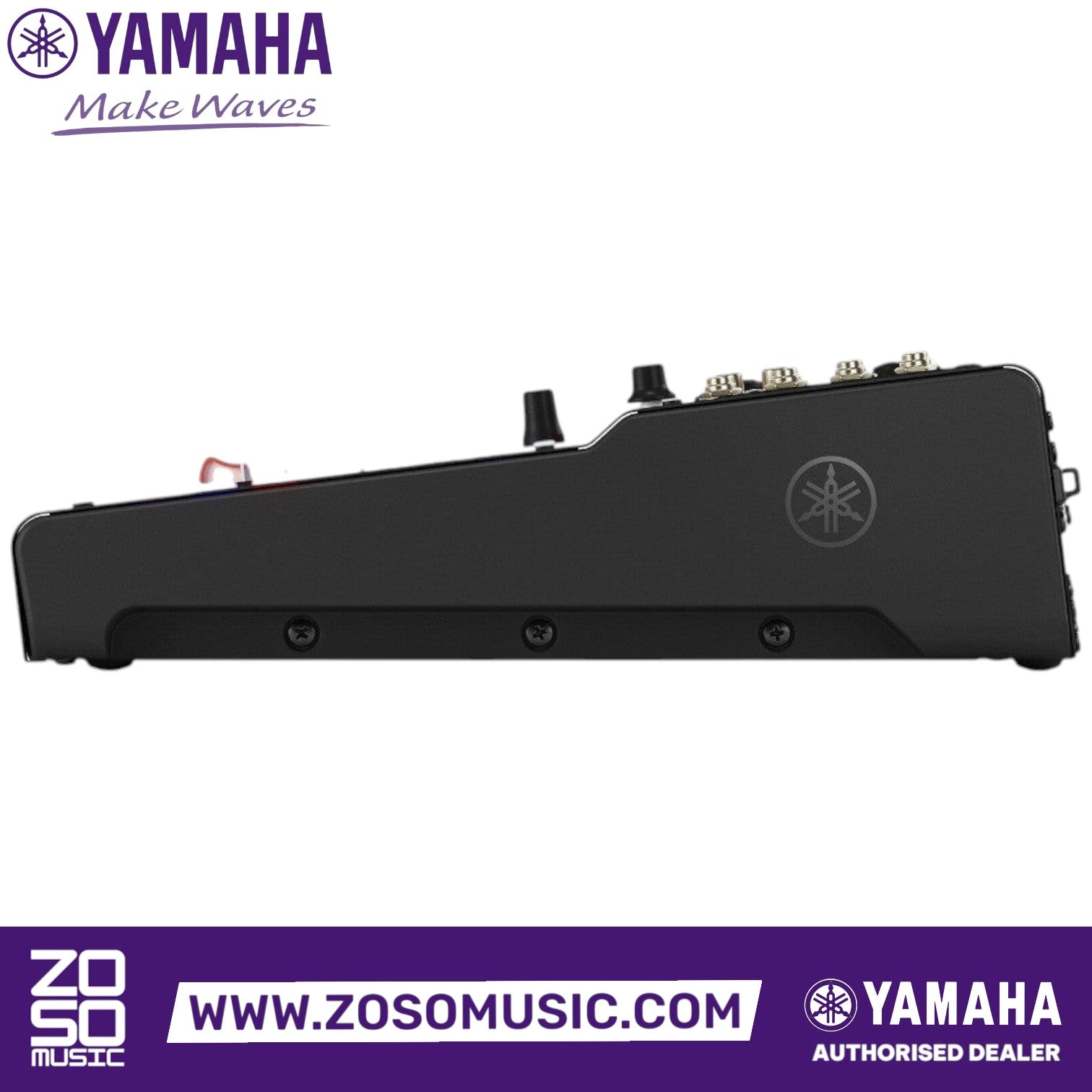 Zoso Music Yamaha MGX12V digital mixing console side view showing the sleek black chassis and branding