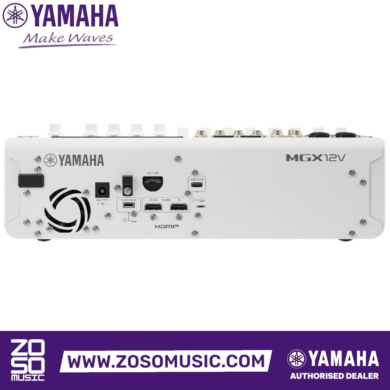 Zoso Music Yamaha MGX12V digital mixing console rear panel showing HDMI, USB, and microSD ports for audio and video.