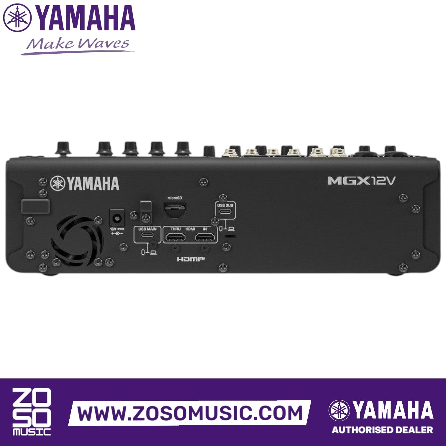 Zoso Music Yamaha MGX12V digital mixing console rear panel showing HDMI, USB, and microSD ports for audio and video.