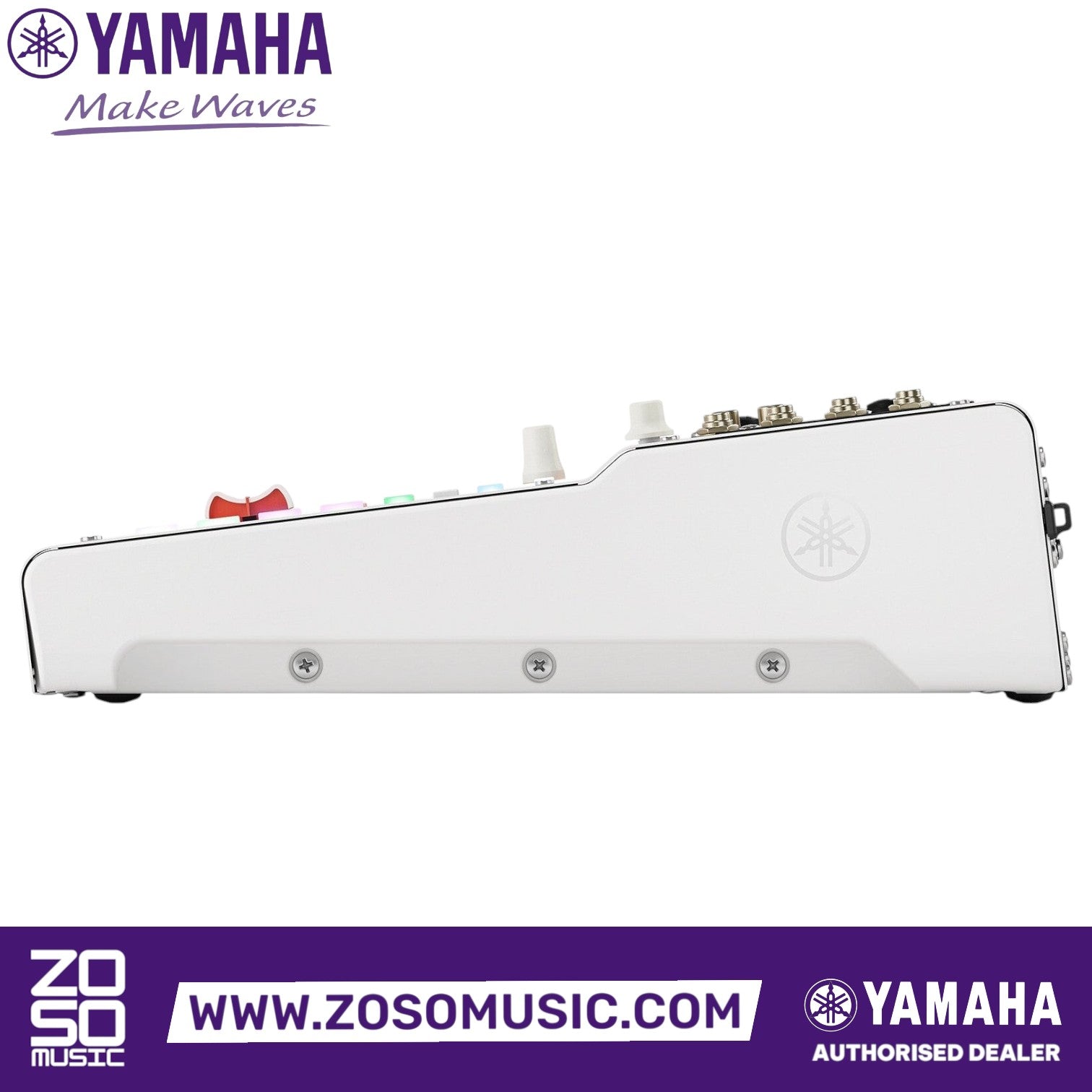 Zoso Music Yamaha MGX16 digital mixing console side profile showing sleek white chassis and control layout