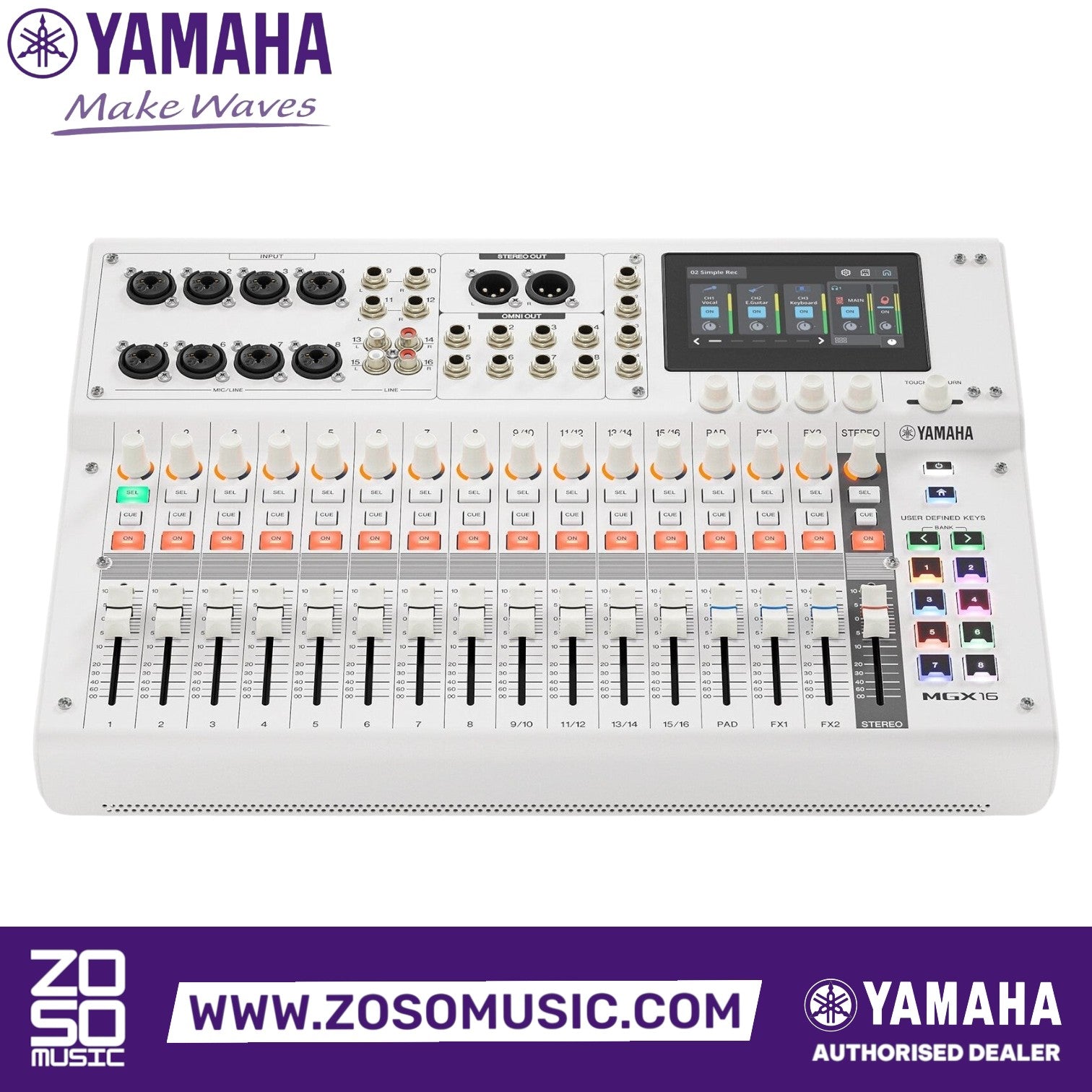 Zoso Music Yamaha MGX16 22-channel digital mixing console in white with touchscreen, faders, and input ports