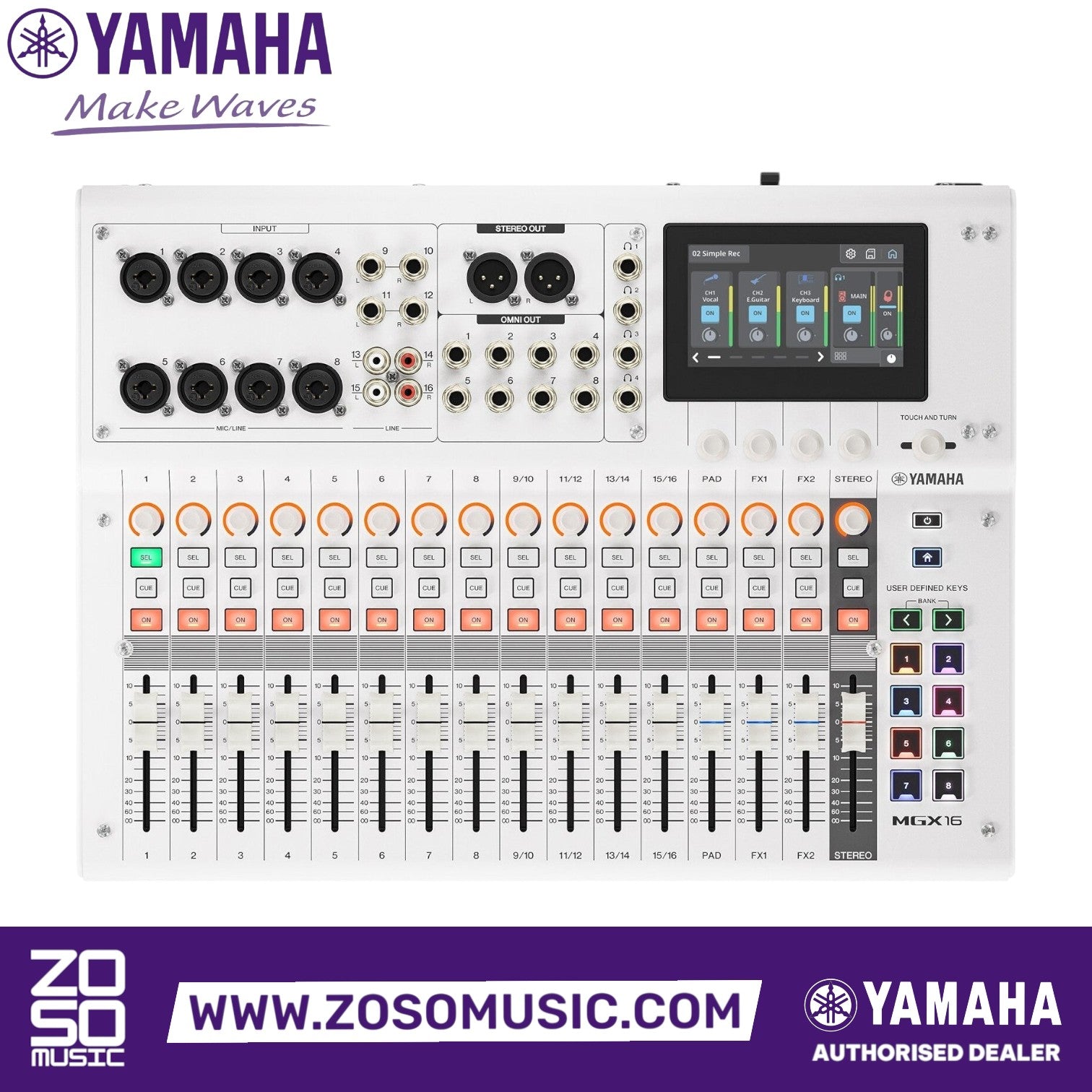 Zoso Music Yamaha MGX16 digital mixing console with touchscreen, faders, and sound pads in a white chassis.