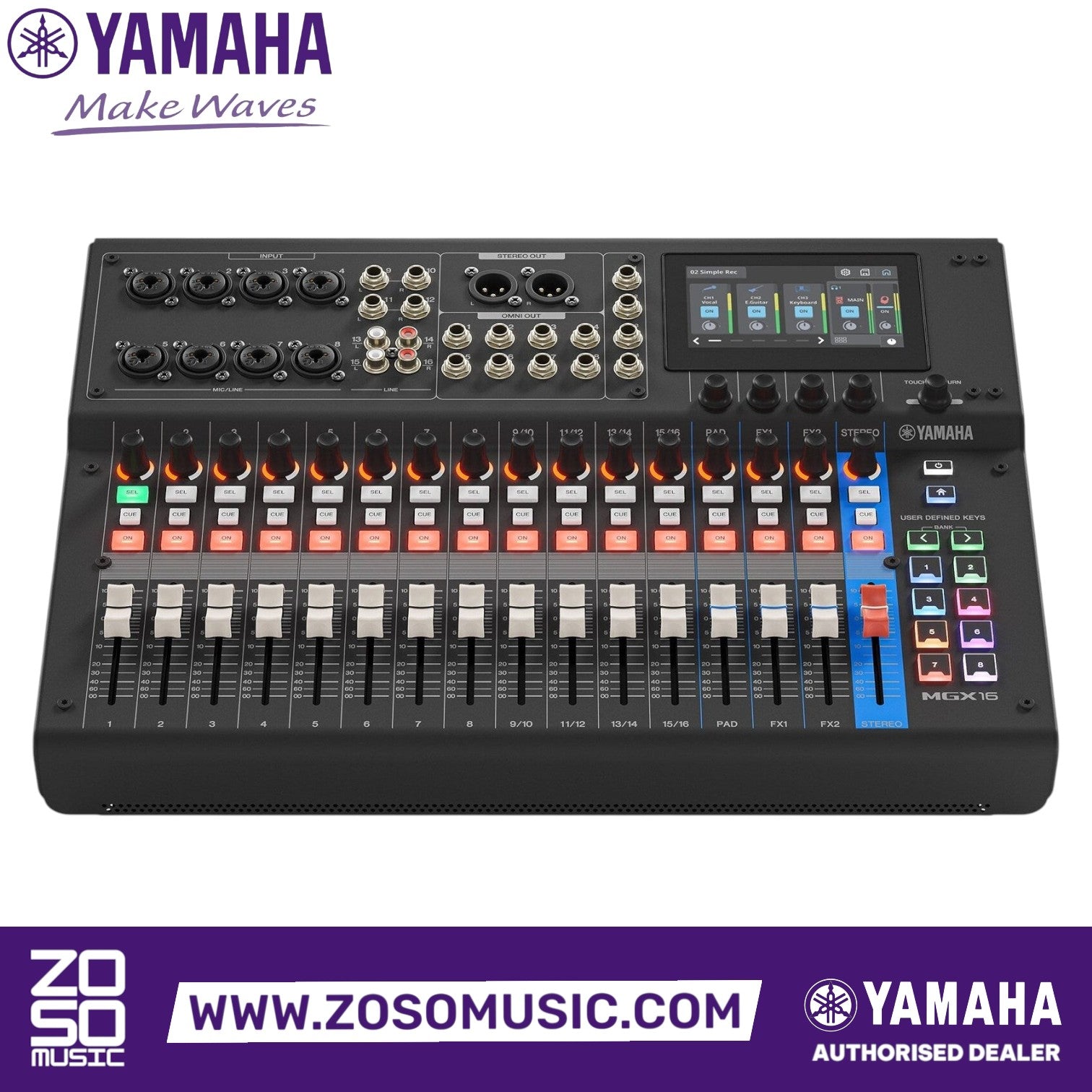 Zoso Music Yamaha MGX16 22-channel digital mixing console with touchscreen, faders, and sound pads for live streaming.