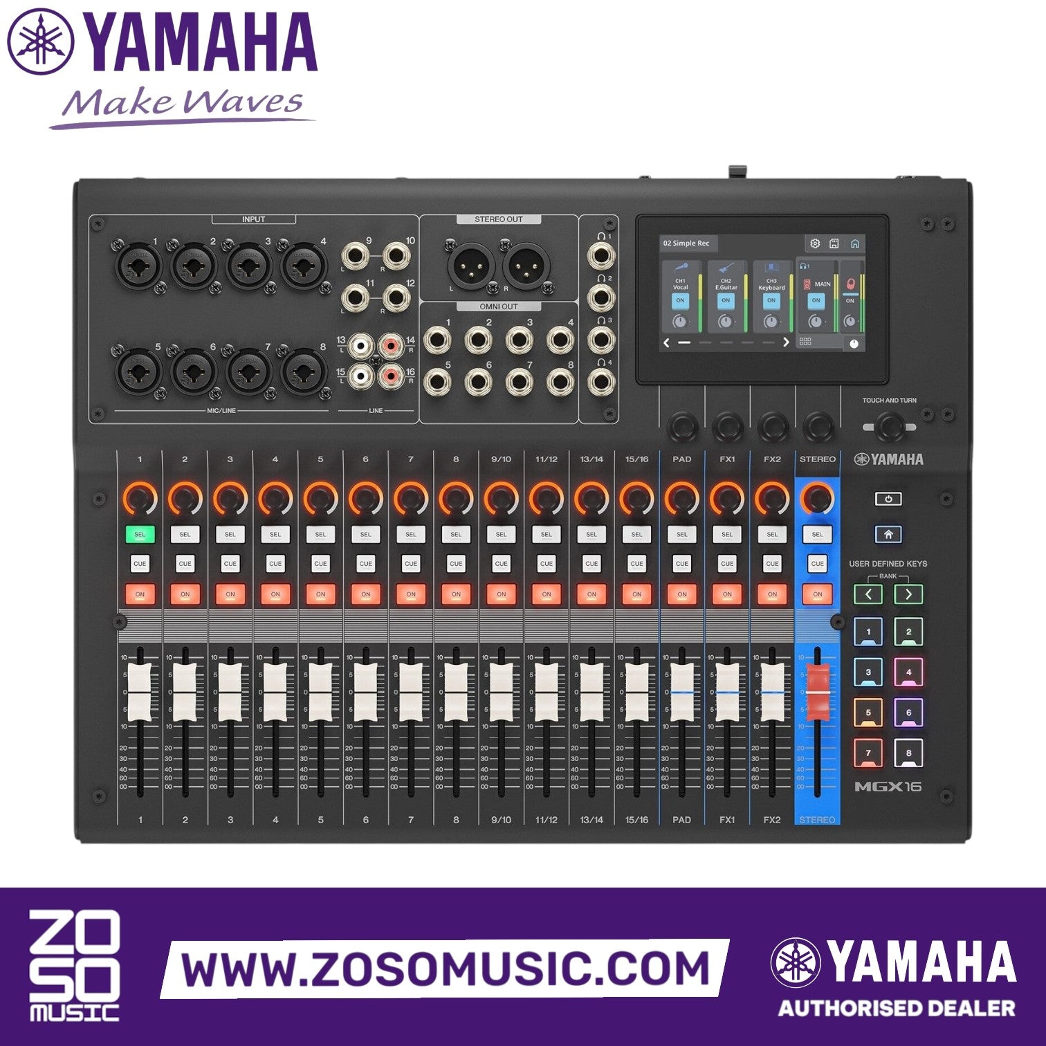 Zoso Music Yamaha MGX16 22-channel digital mixing console with touchscreen, faders, and sound pads for live streaming.