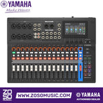 Zoso Music Yamaha MGX16 22-channel digital mixing console with touchscreen, faders, and sound pads for live streaming.