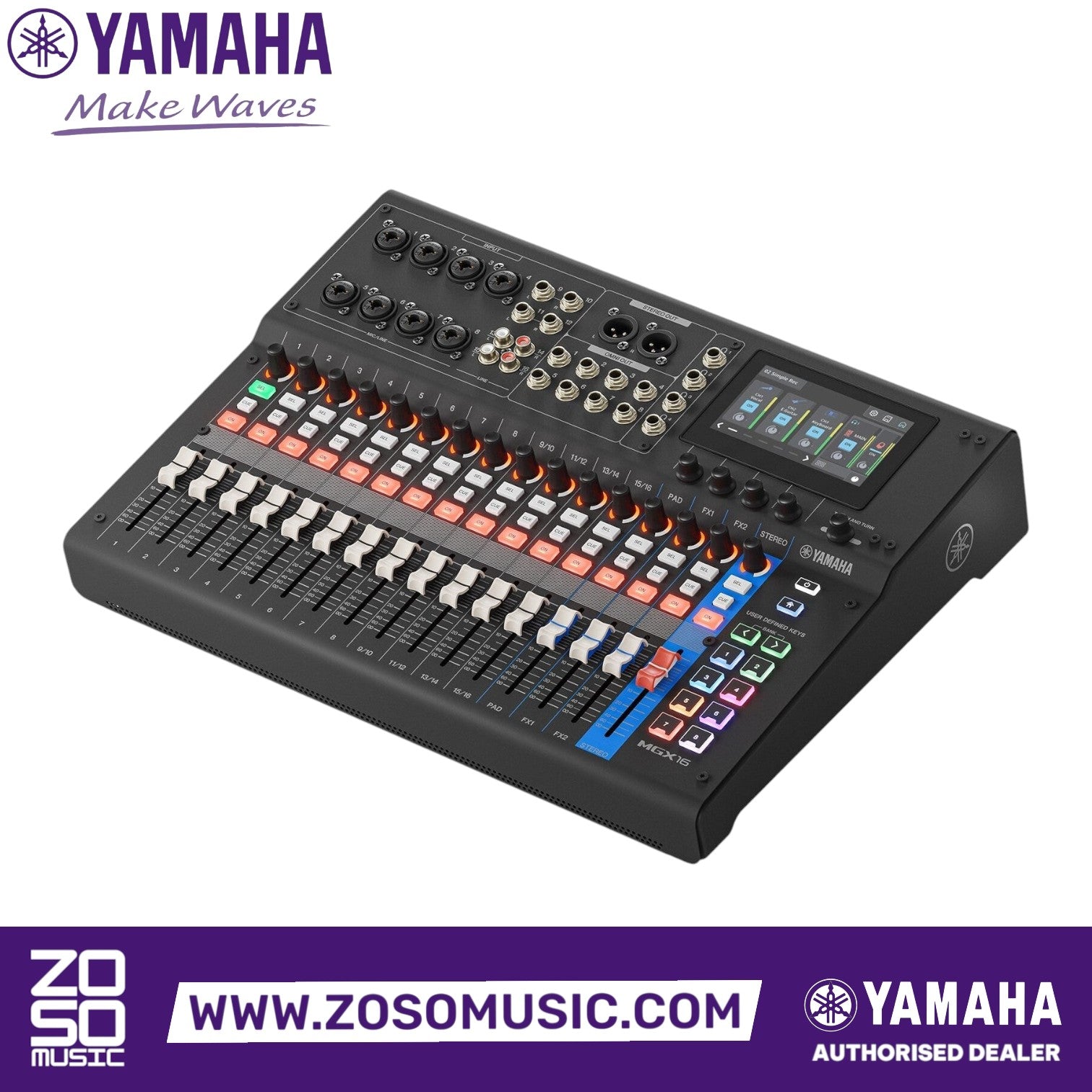 Zoso Music Yamaha MGX16 digital mixing console with 16 faders, touchscreen, and multiple input channels in black.