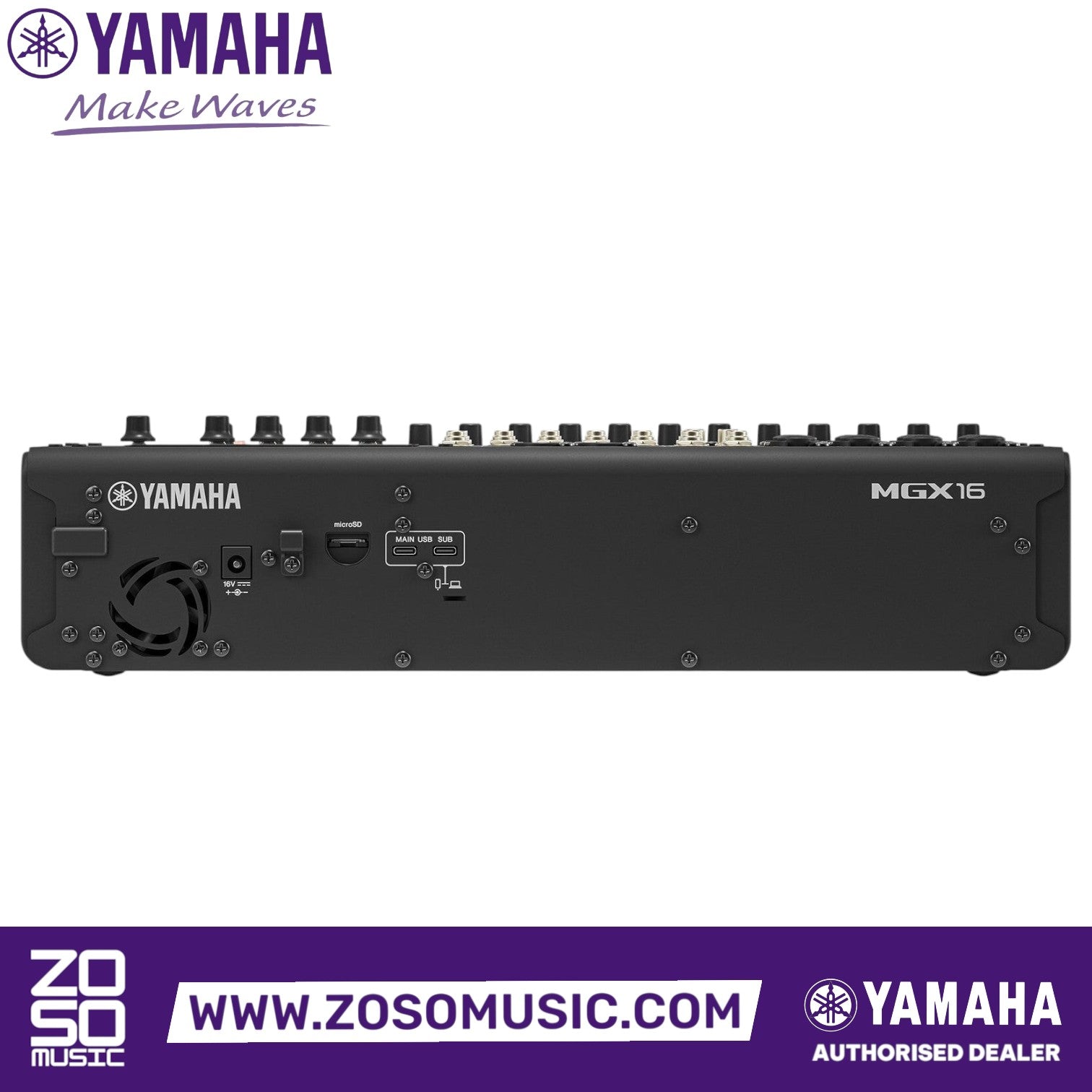 Zoso Music Yamaha MGX16 digital mixing console rear panel showing USB ports, microSD slot, and power input.