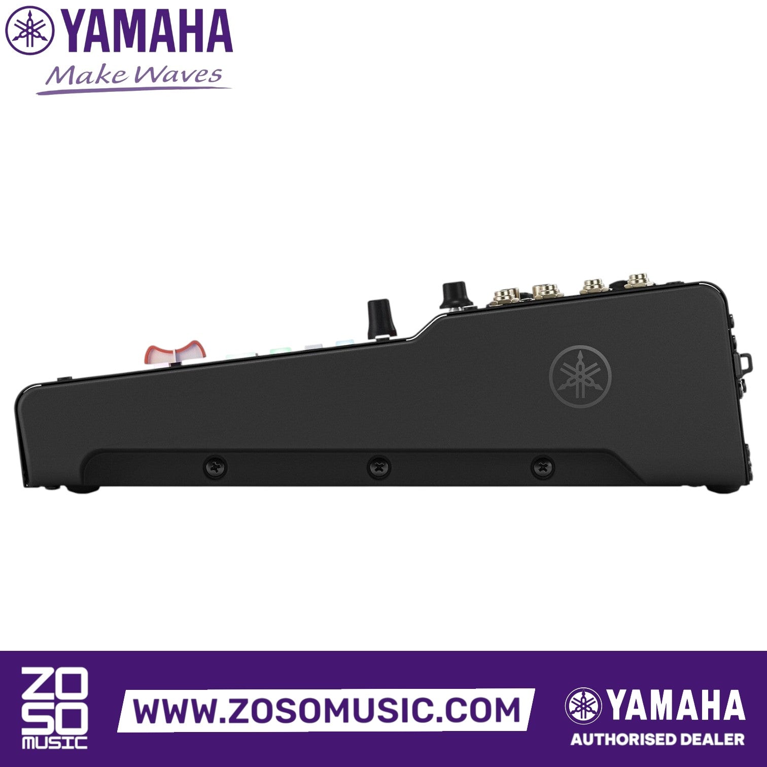 Side profile of the black Yamaha MGX16 digital mixing console from Zoso Music showing its sleek, professional design.
