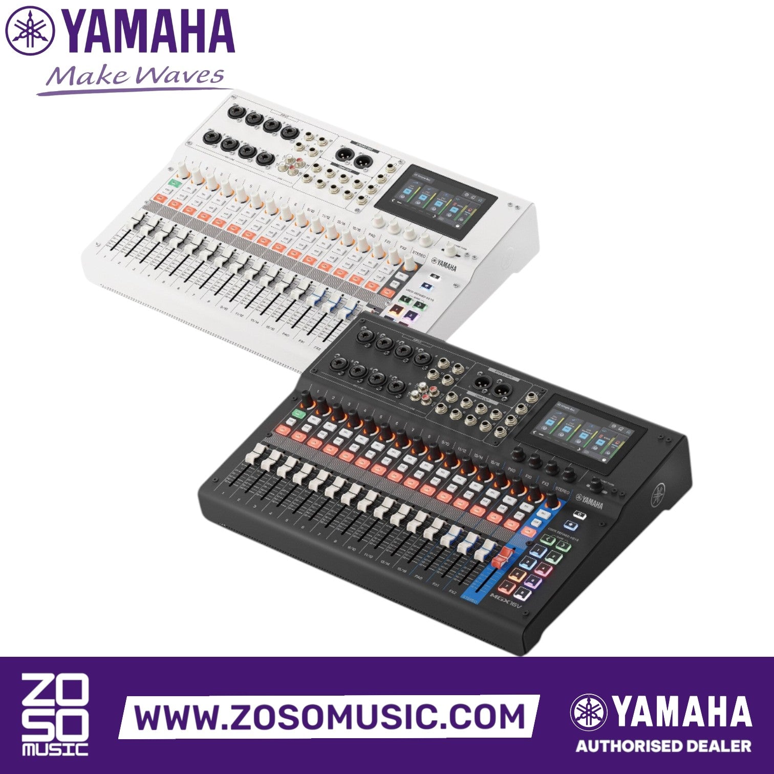 Zoso Music Yamaha MGX16V digital mixing consoles in black and white showing faders, touchscreen, and input ports.