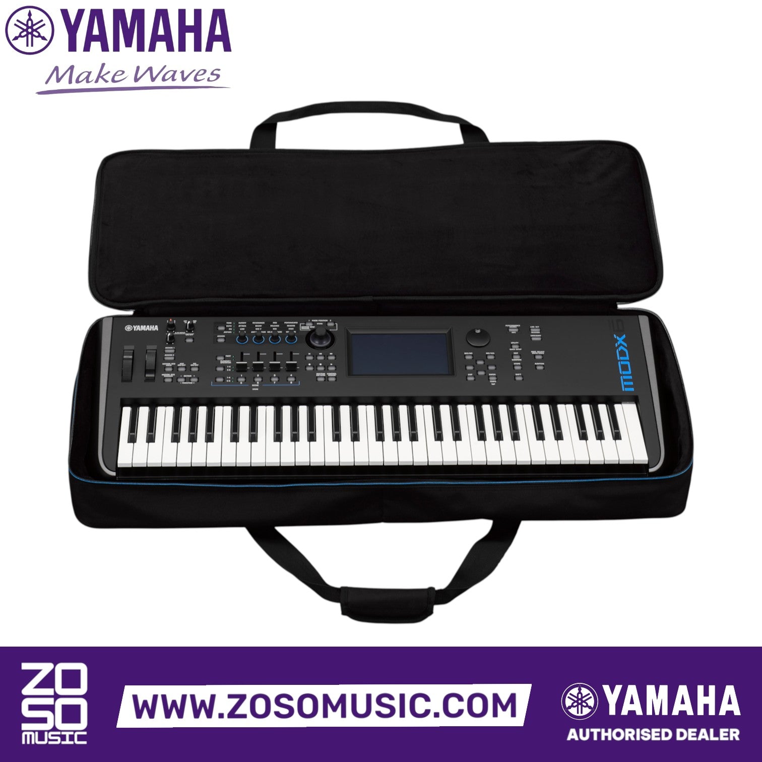 Zoso Music Yamaha MODX6 61-key keyboard inside a black nylon soft carrying case with accessory pocket
