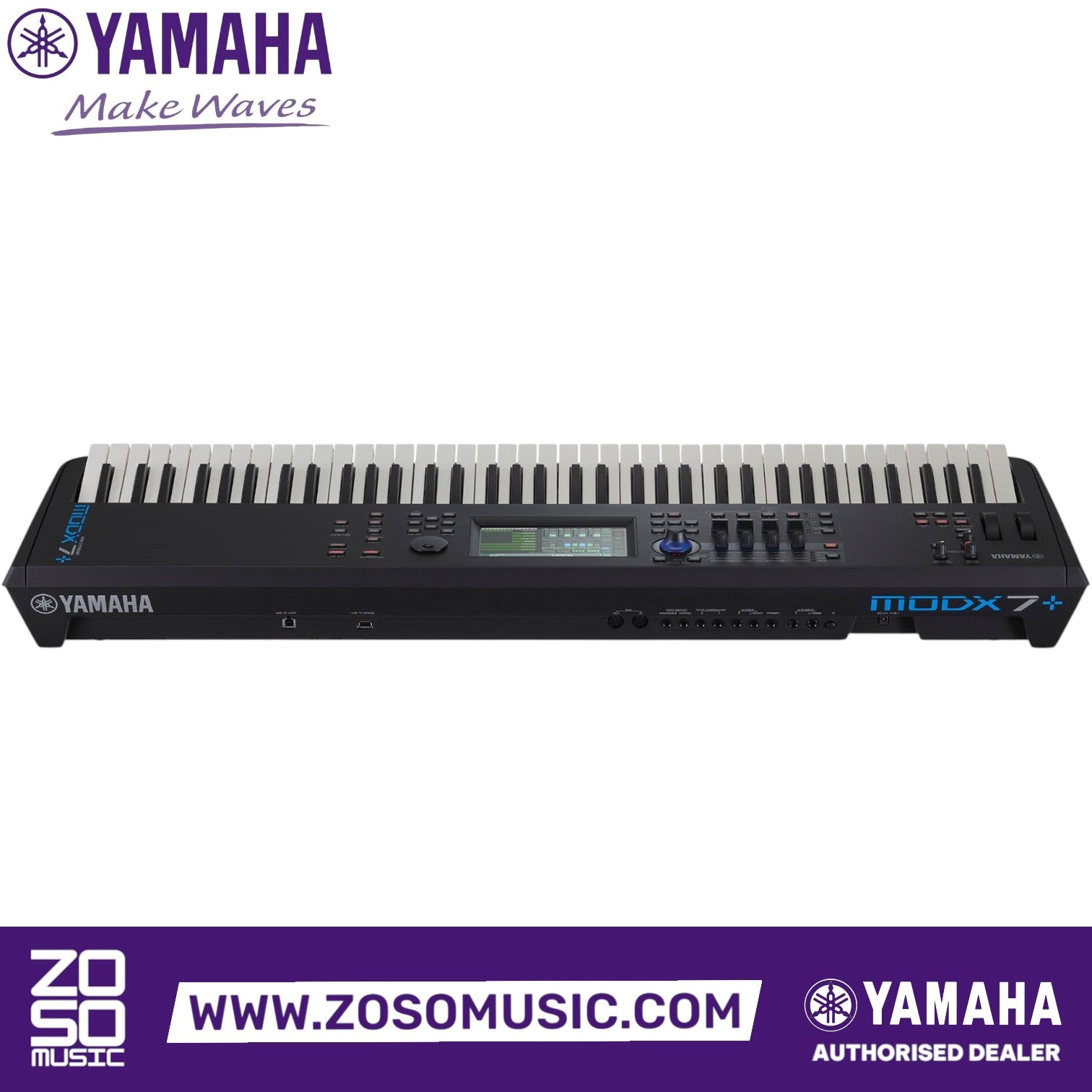 Zoso Music Yamaha MODX7+ 76-key semi-weighted synthesizer with central touchscreen and Super Knob control