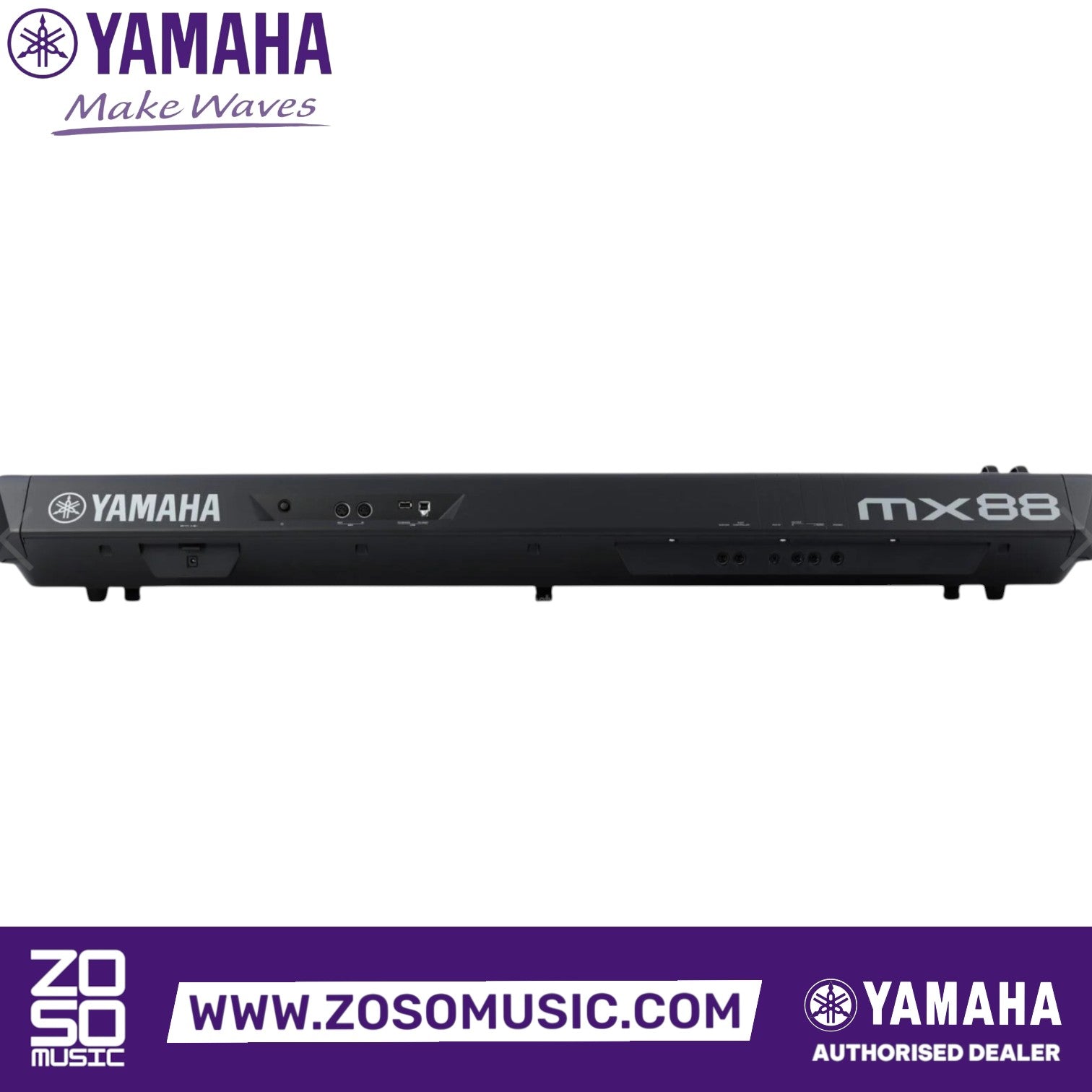 Zoso Music Yamaha MX-88 synthesizer rear panel showing audio, MIDI, and USB connectivity ports.