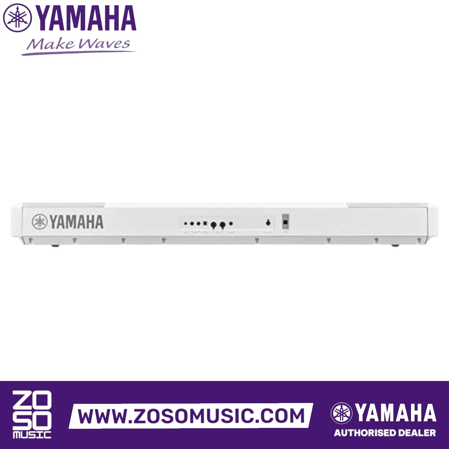 Zoso Music Yamaha P-515 digital piano in white, rear panel view showing connection ports and branding.