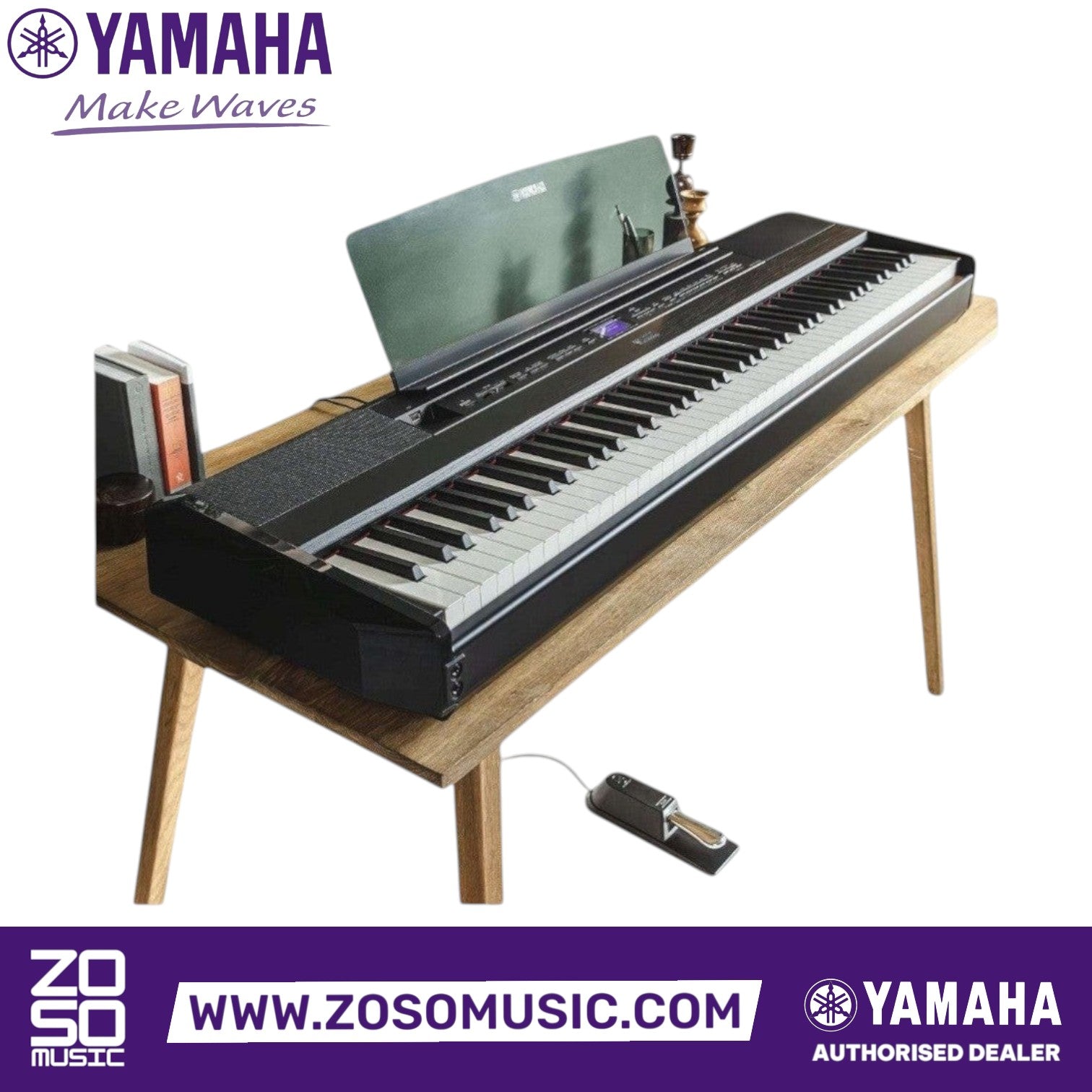 Zoso Music Yamaha P-525 88-key black digital piano with GrandTouch-S wooden keys on a wooden table with sustain pedal
