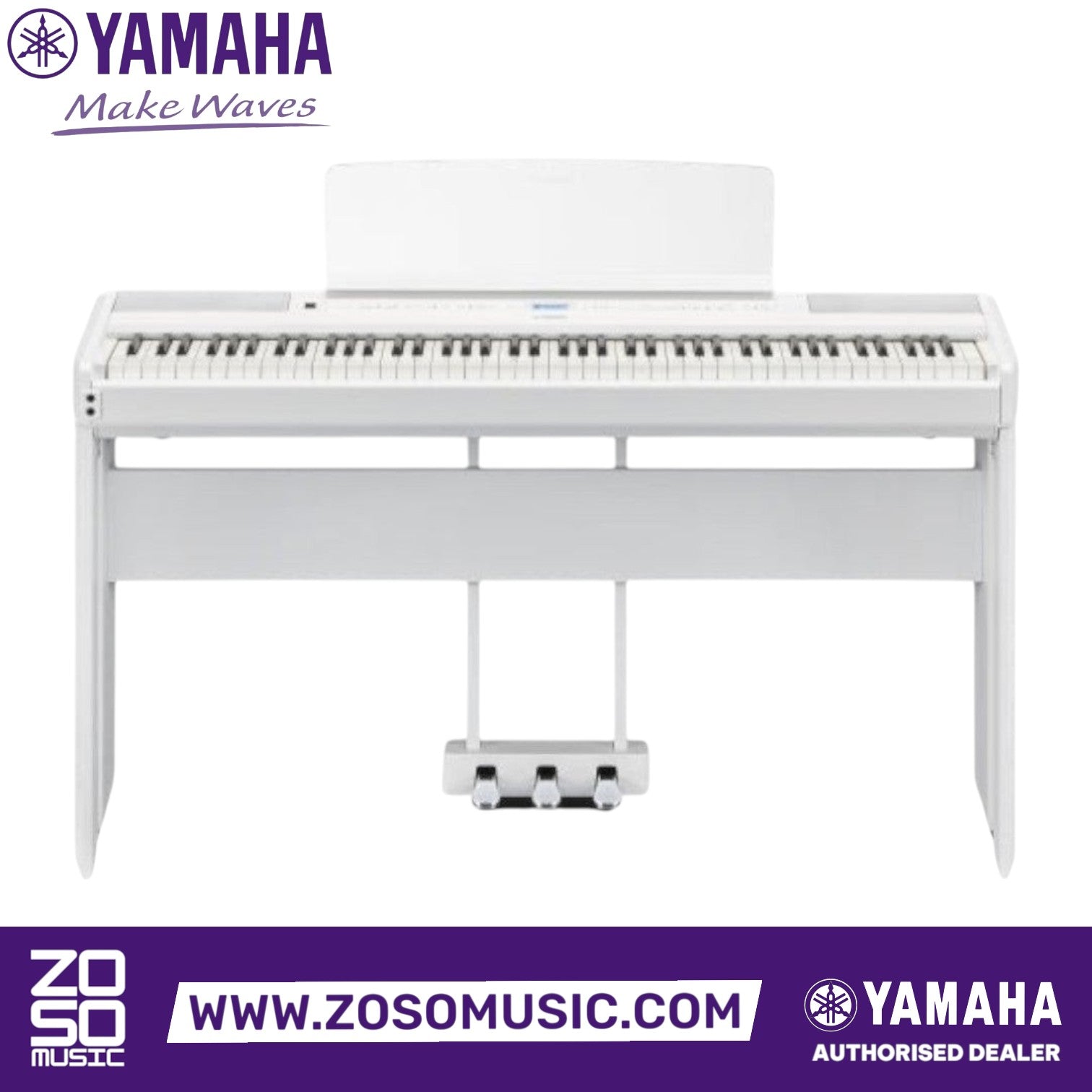 Zoso Music Yamaha P-525 88-key digital piano in white with a triple pedal unit and integrated speakers.
