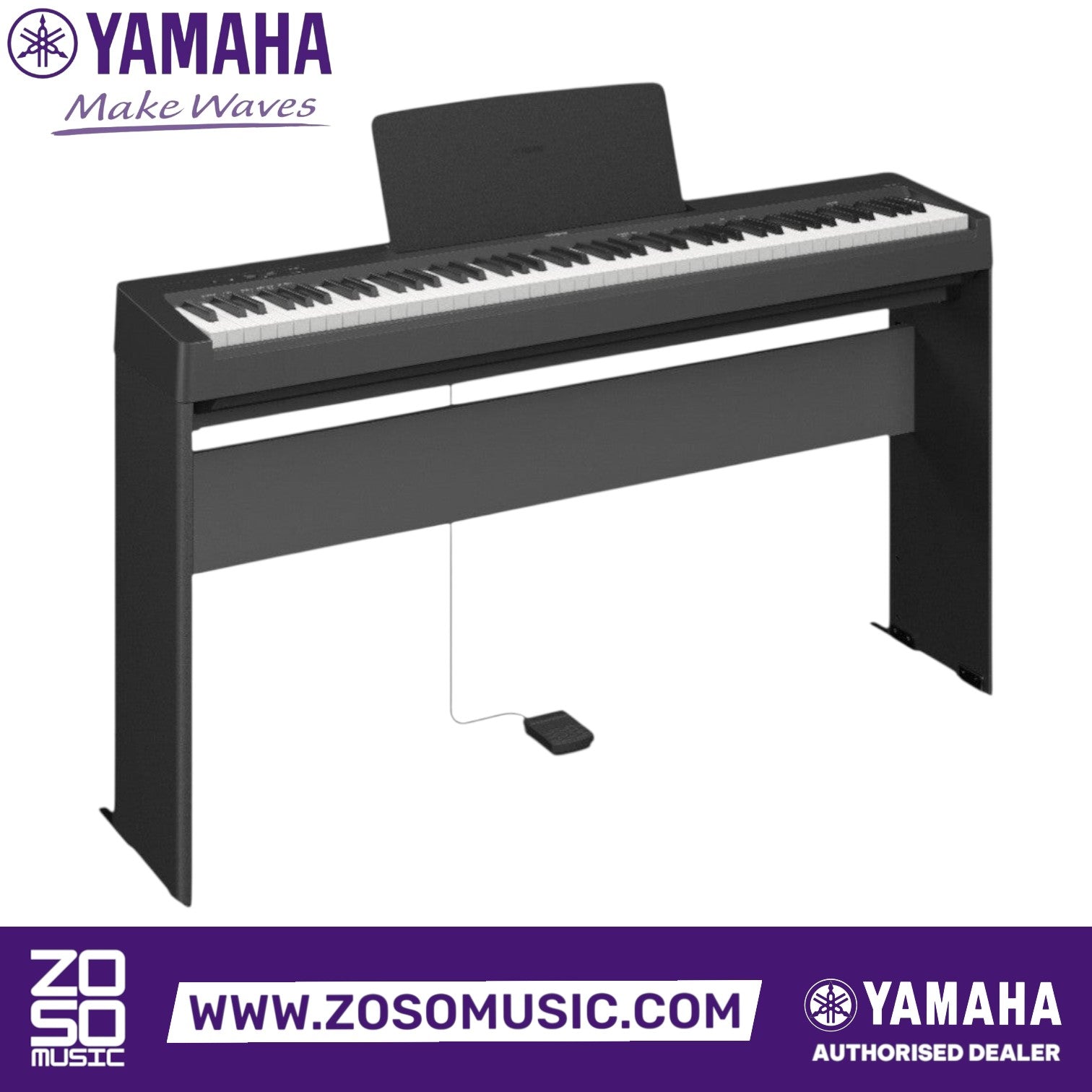 Zoso Music Yamaha P-145BT 88-key digital piano in black with a compact stand, music rest, and sustain pedal.