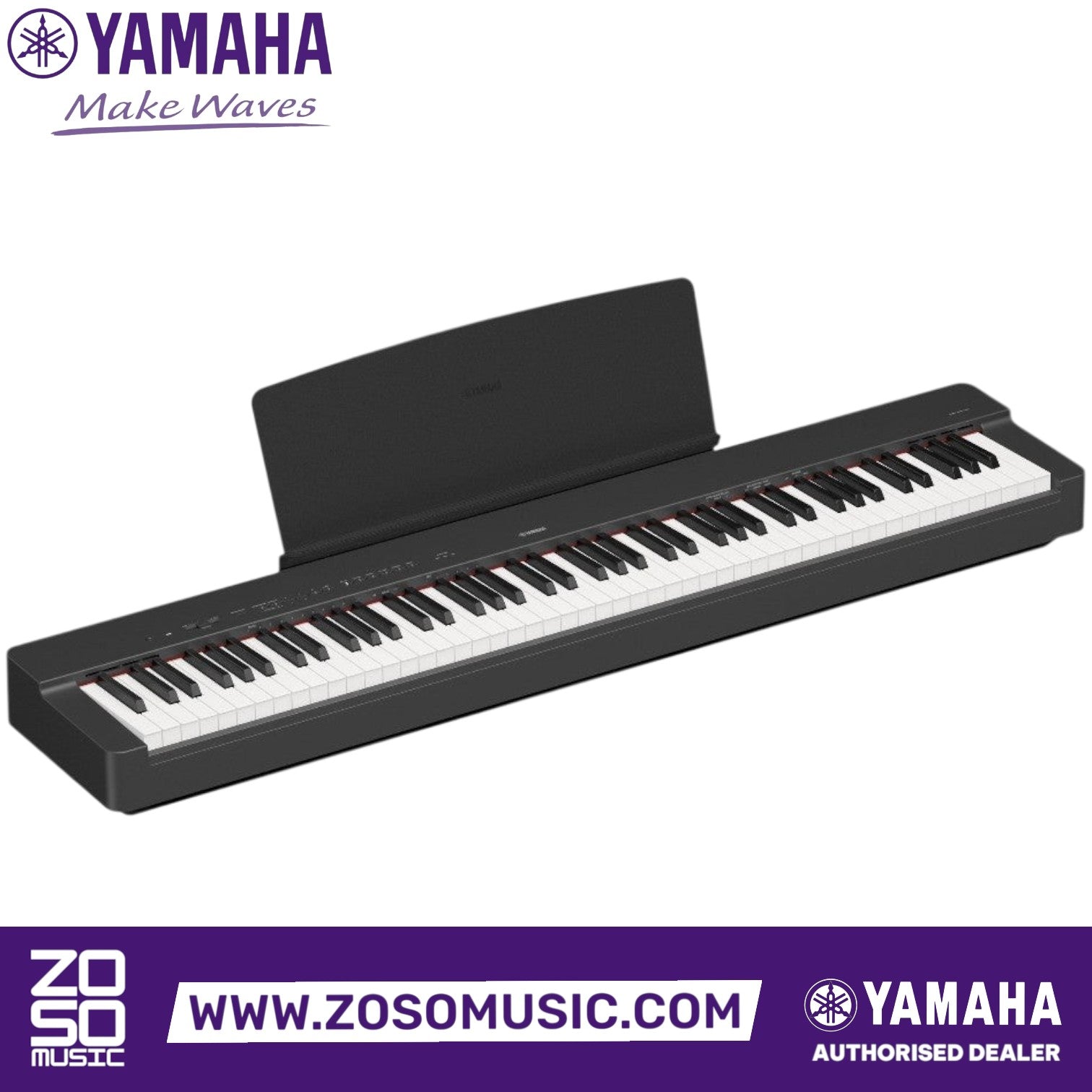Zoso Music Yamaha P-225 88-key digital piano in black with a compact, weighted GHC keyboard design.