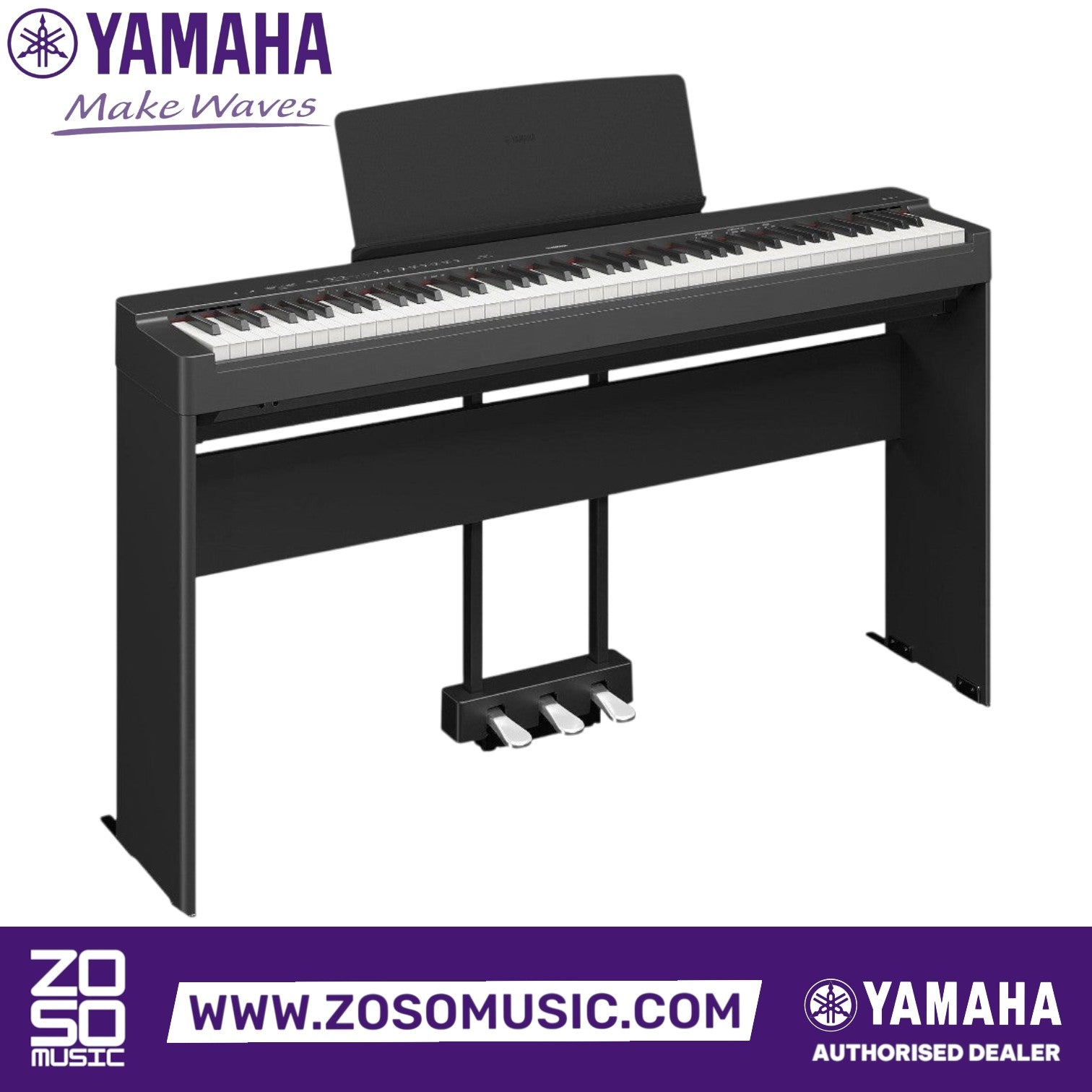 Zoso Music Yamaha P-225 black 88-key digital piano with weighted GHC keyboard and triple pedal stand
