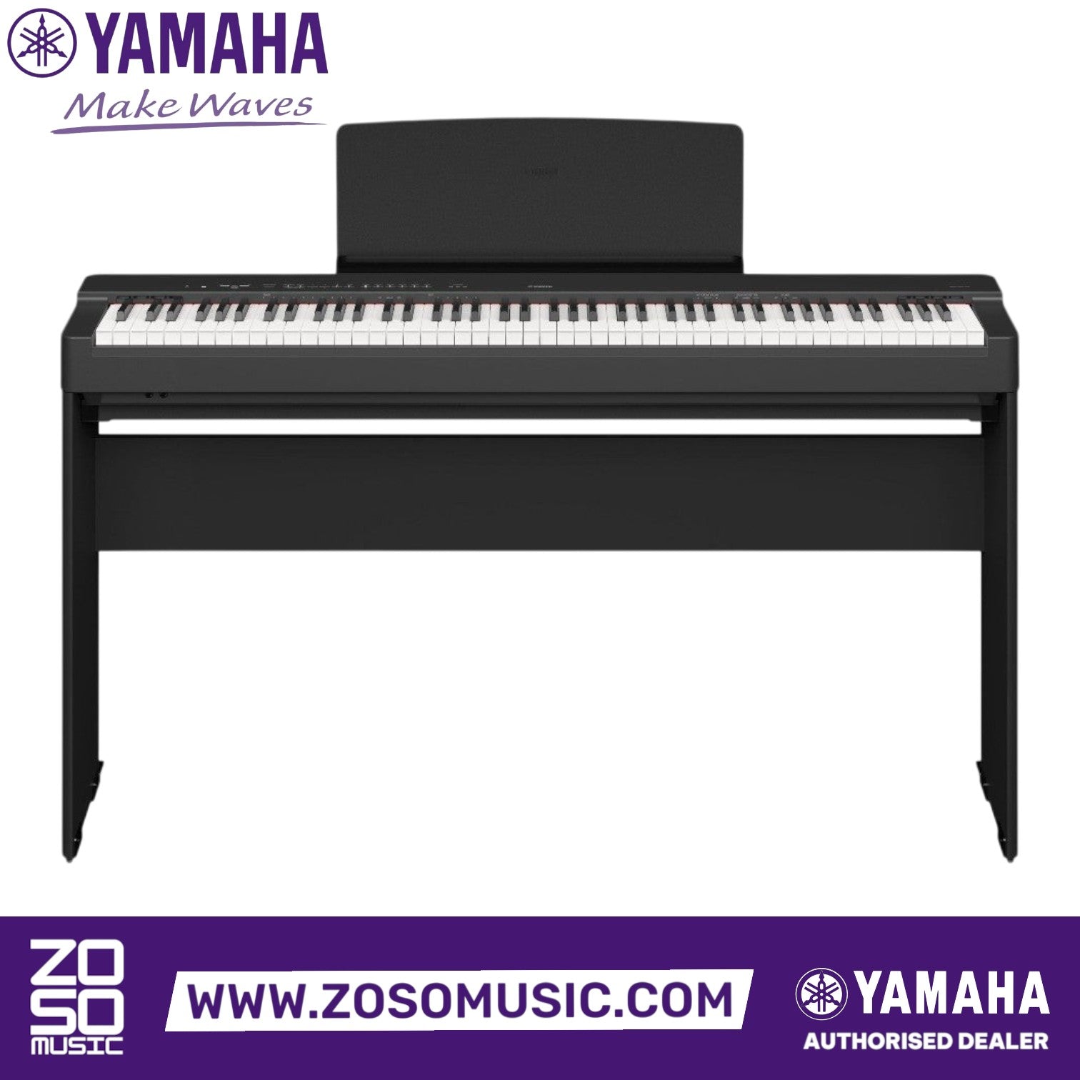 Zoso Music Yamaha P-225 88-key digital piano in black with a compact, weighted GHC keyboard design.