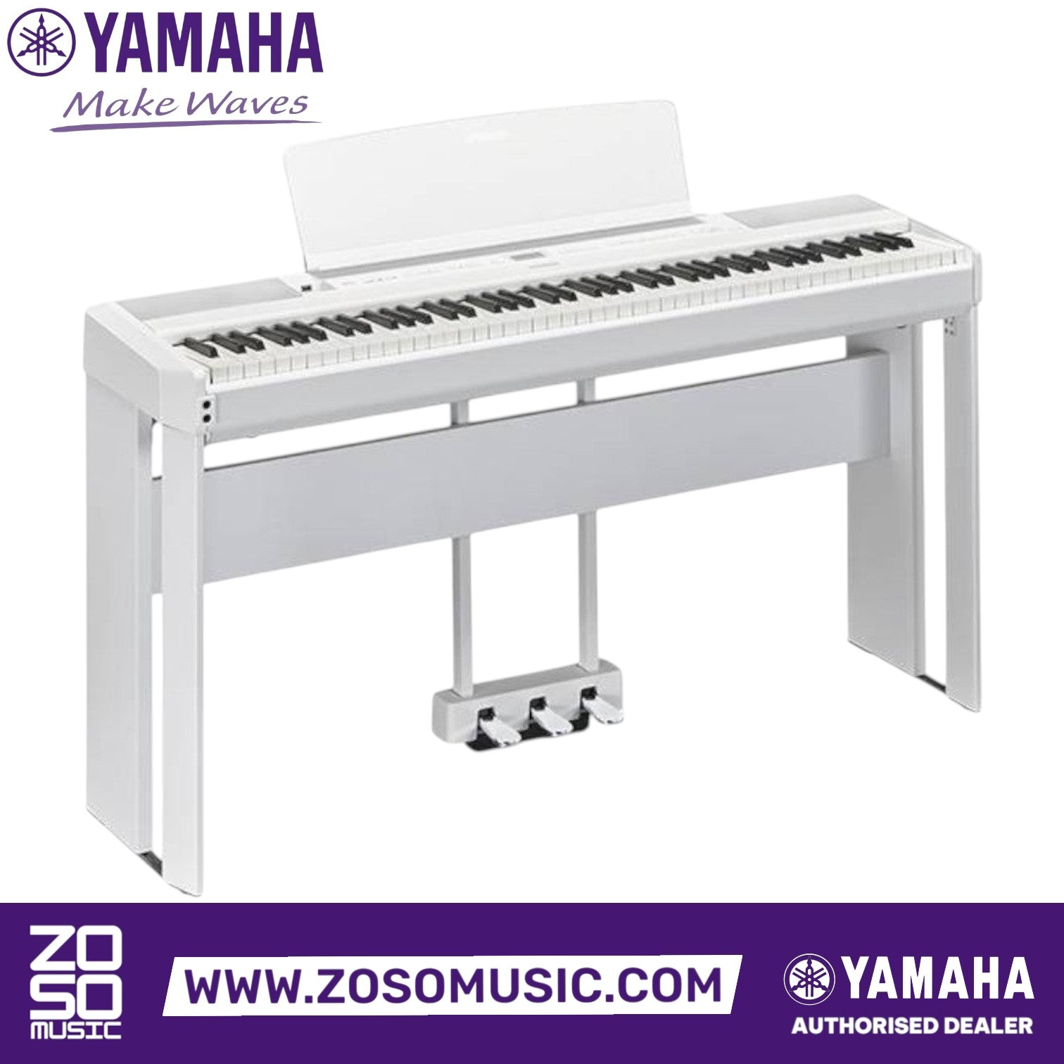 Zoso Music Yamaha P-515 88-key digital piano in white with wooden stand and triple pedal unit