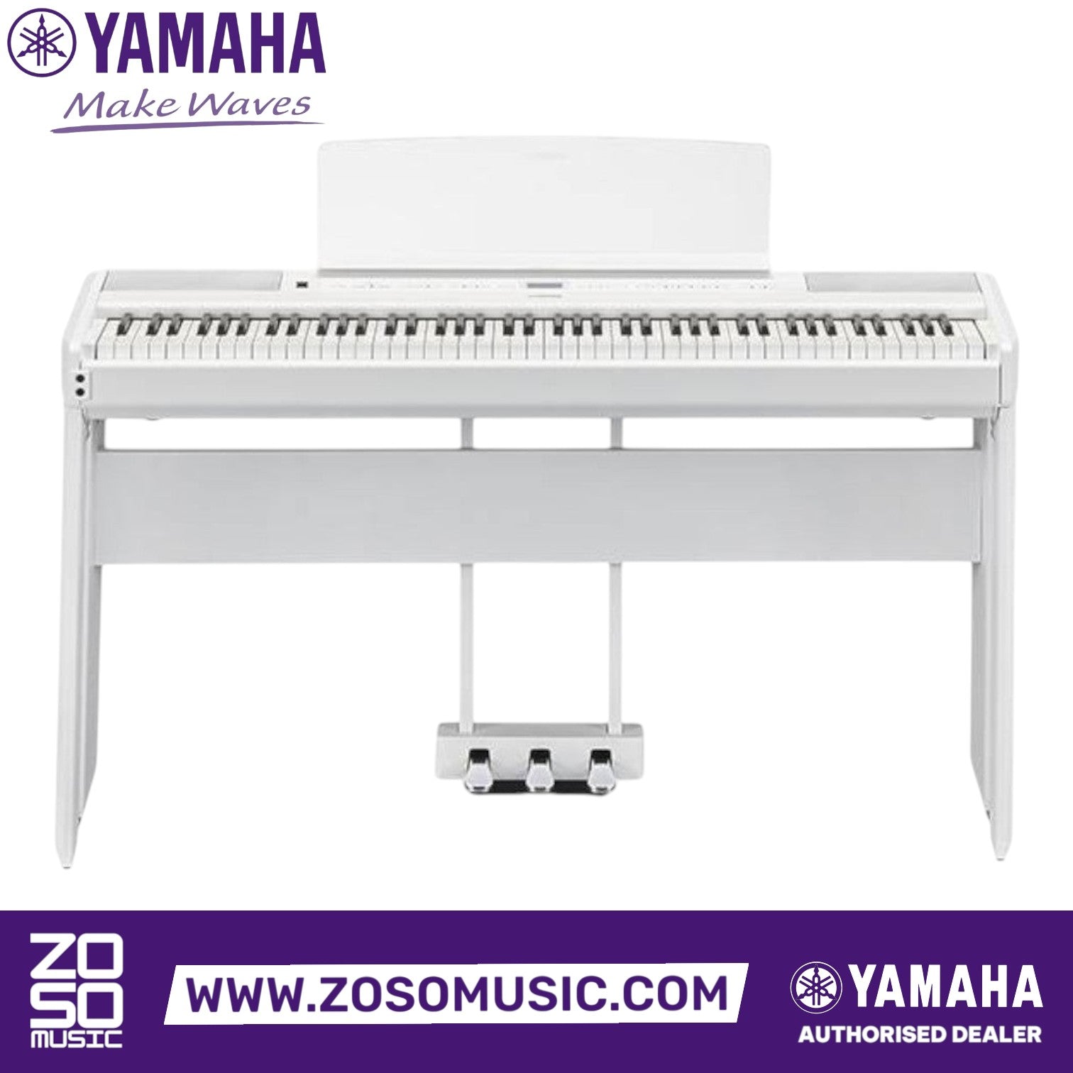 Zoso Music Yamaha P-515 88-key digital piano in white with stand and triple pedal unit on a white background