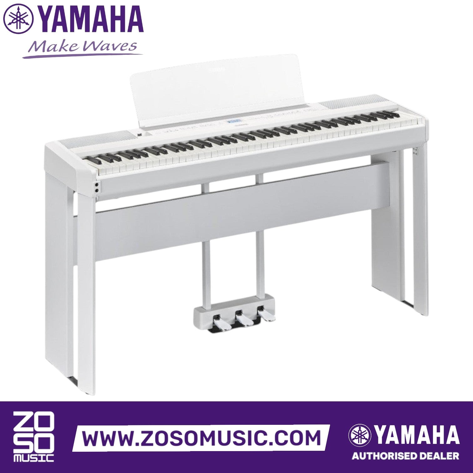 Zoso Music Yamaha P-525 88-key digital piano in white with stand and triple pedal unit