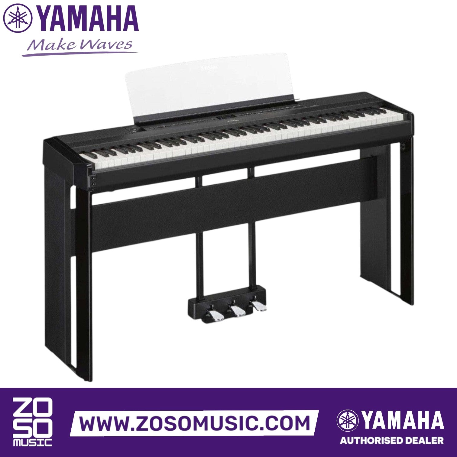 Zoso Music Yamaha P-525 88-key black digital stage piano with weighted keys and triple pedal unit on a stand