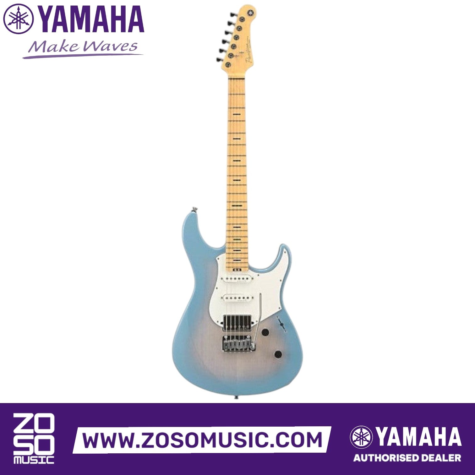 Zoso Music Yamaha Pacifica Professional electric guitar in Beach Blue Burst with maple neck and HSS pickup configuration.