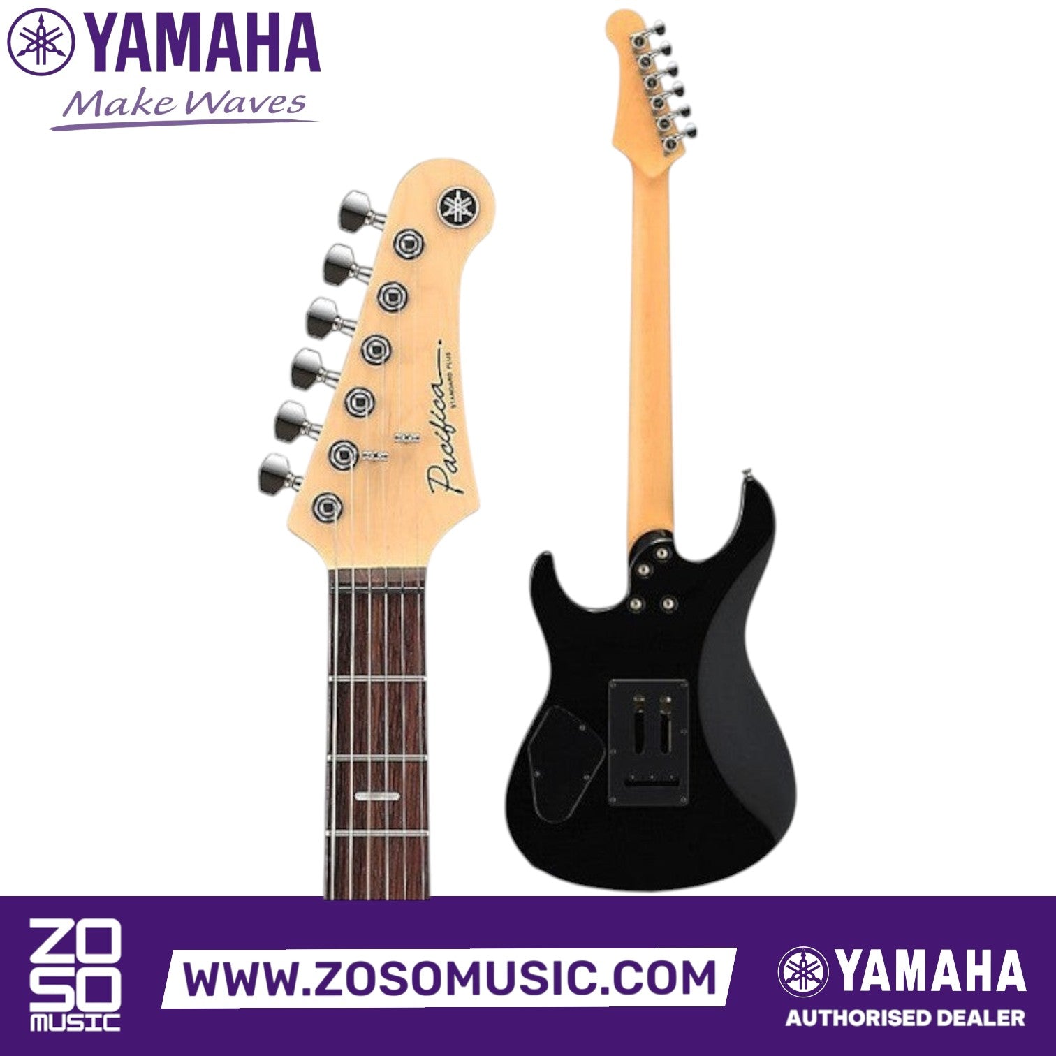 Zoso Music Yamaha Pacifica Standard Plus electric guitar showing the headstock and back of the black alder body.
