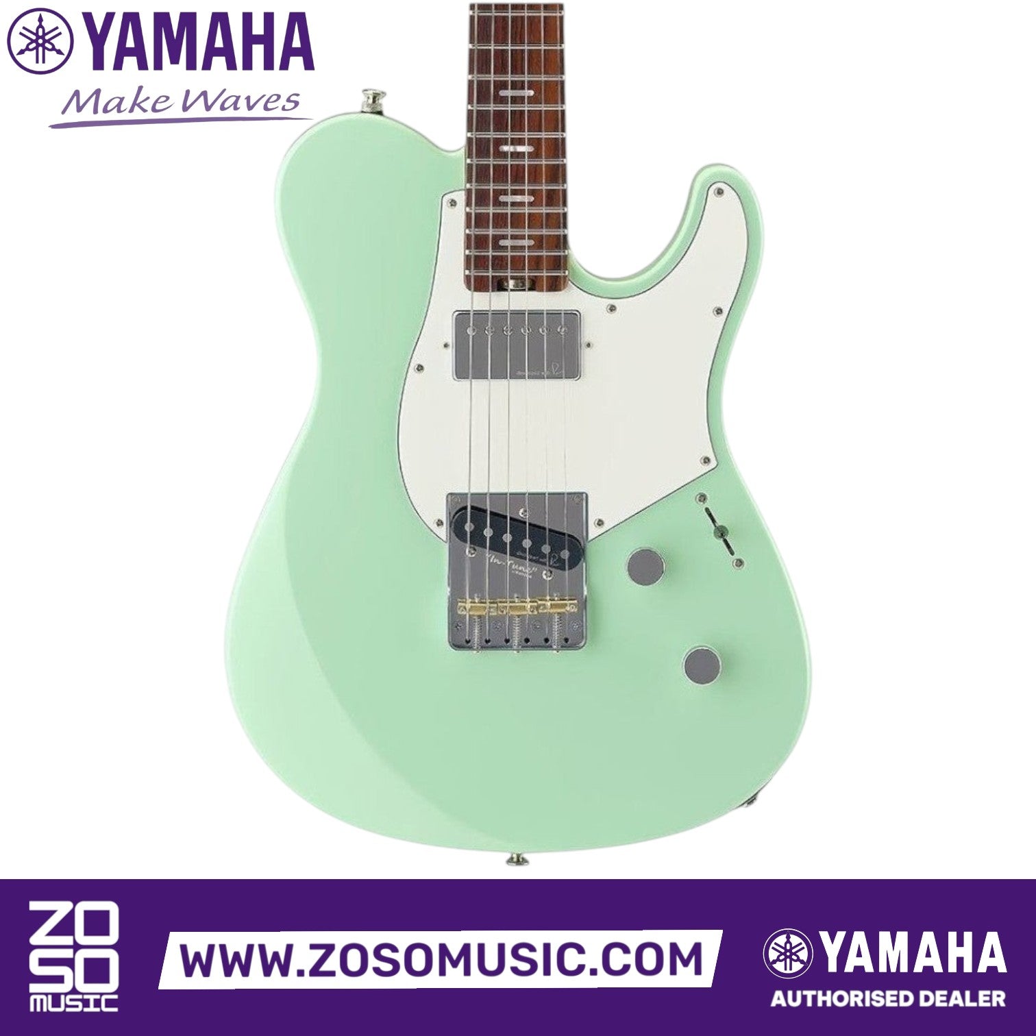 Zoso Music Yamaha Pacifica Standard Plus electric guitar in pastel green with a white pickguard and chrome hardware.